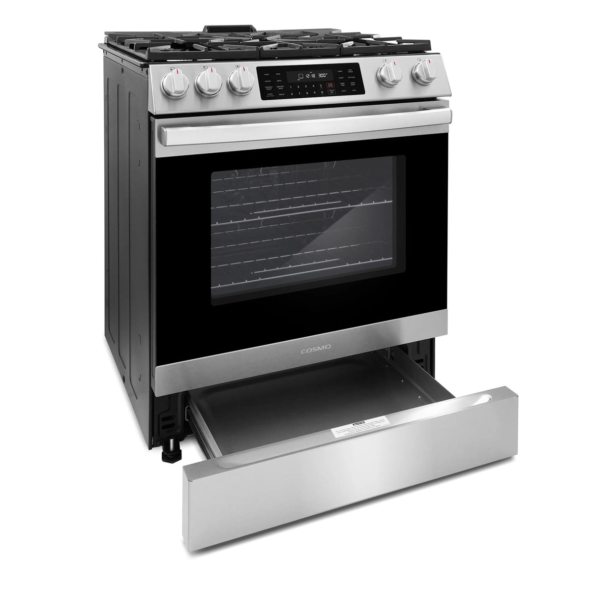 Stainless steel gas range with convection oven door open and storage drawer pulled out