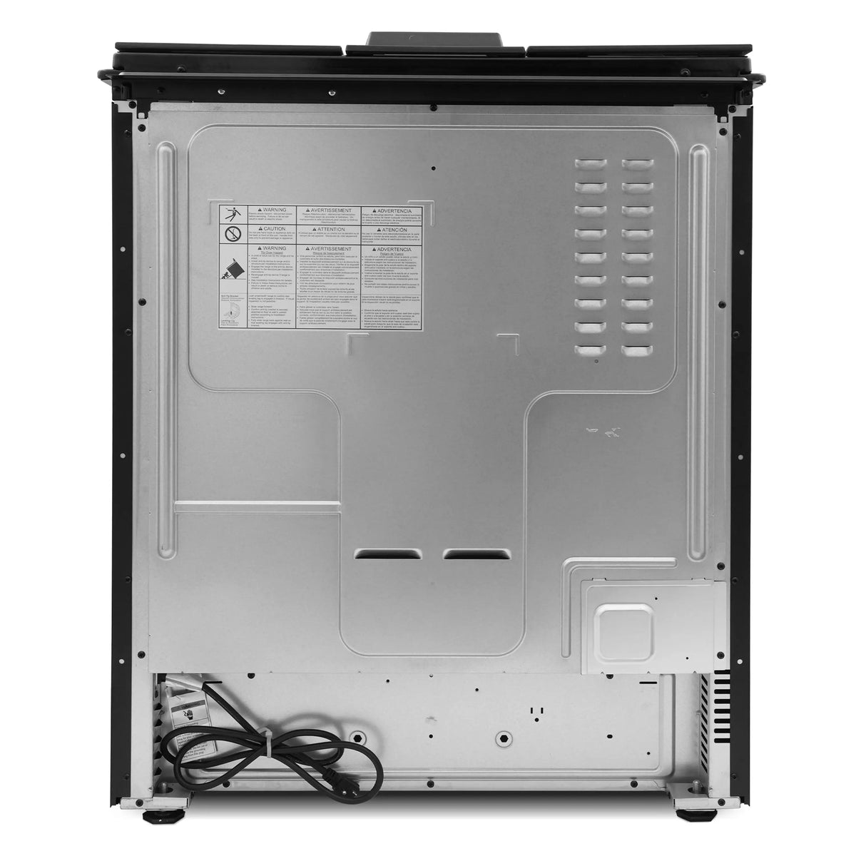 Stainless steel gas range rear panel with ventilation slots and service access