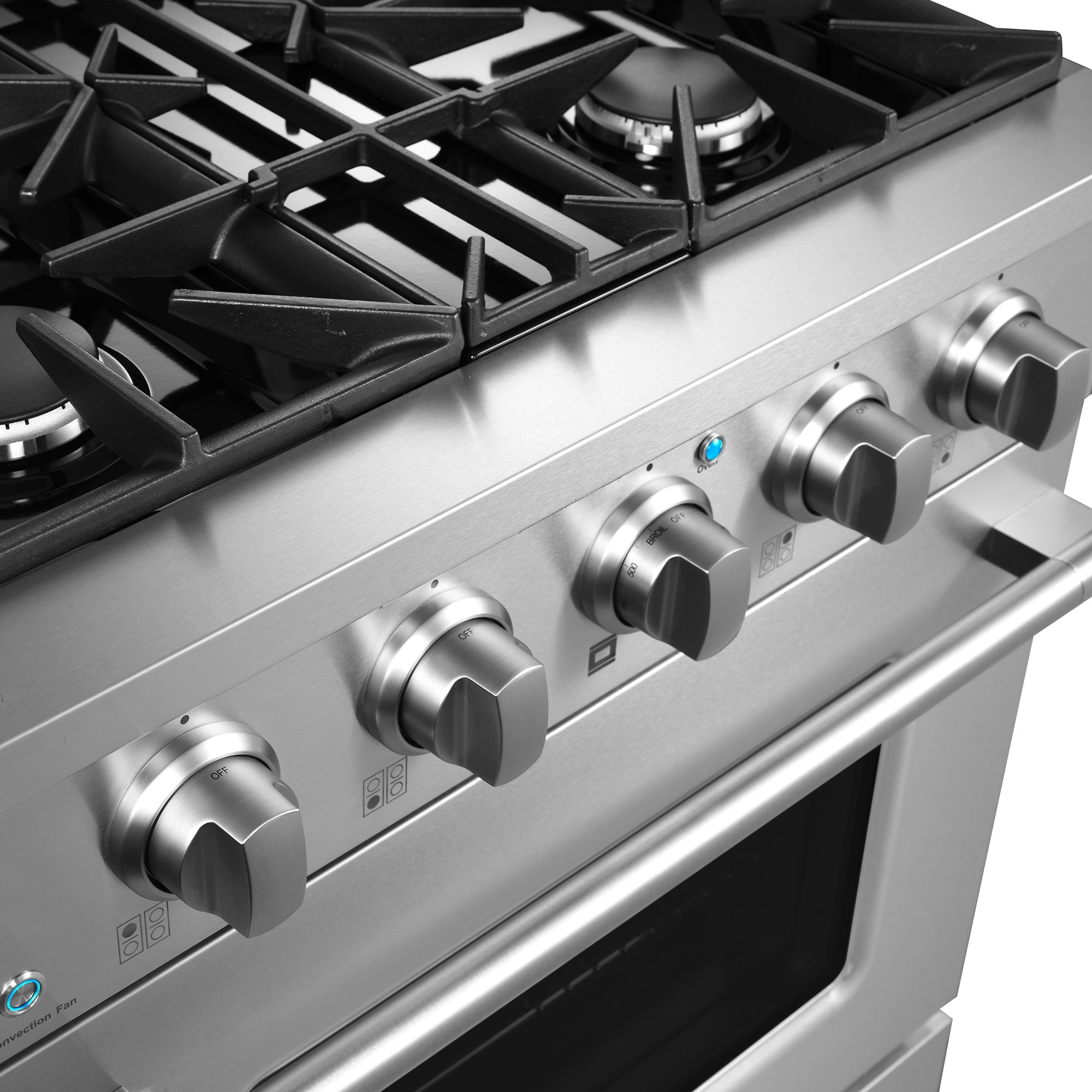 Stainless steel gas range cooktop with four burners and control knobs
