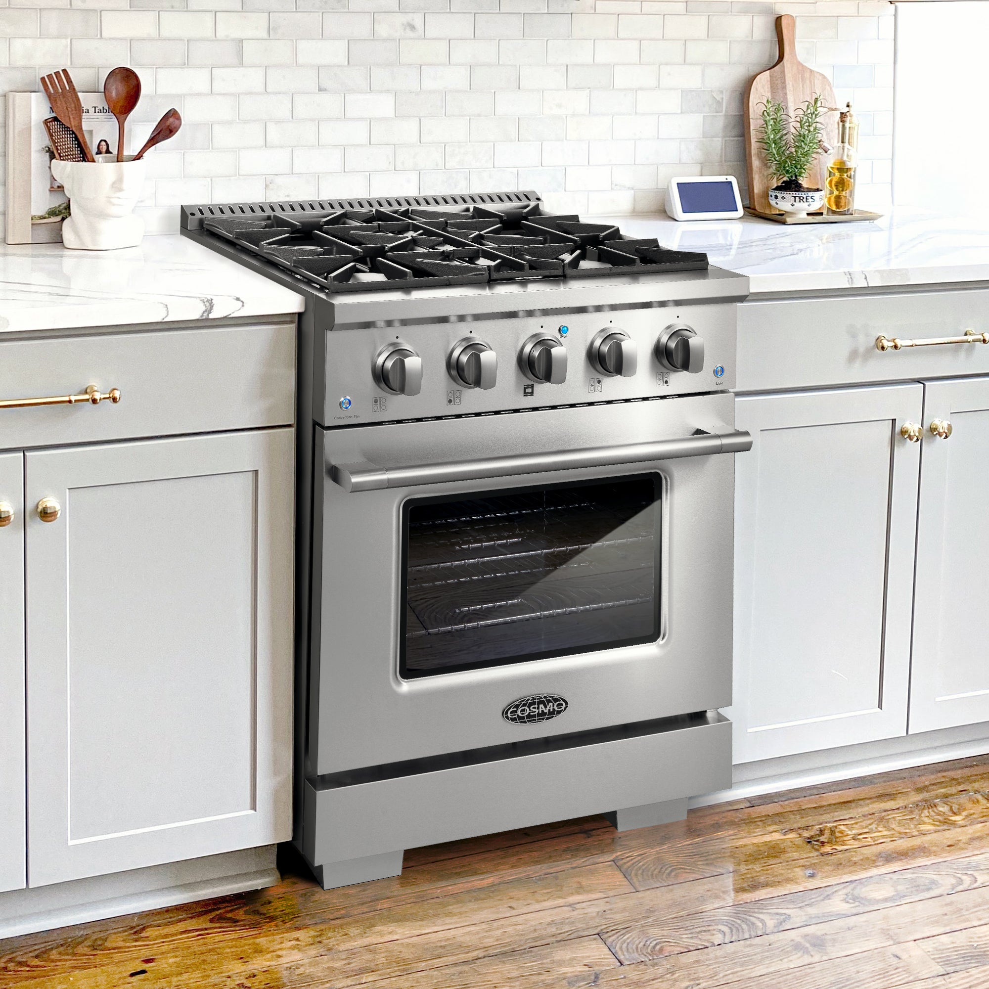 Cosmo 30-inch stainless steel gas range with 4 burners and single oven door window