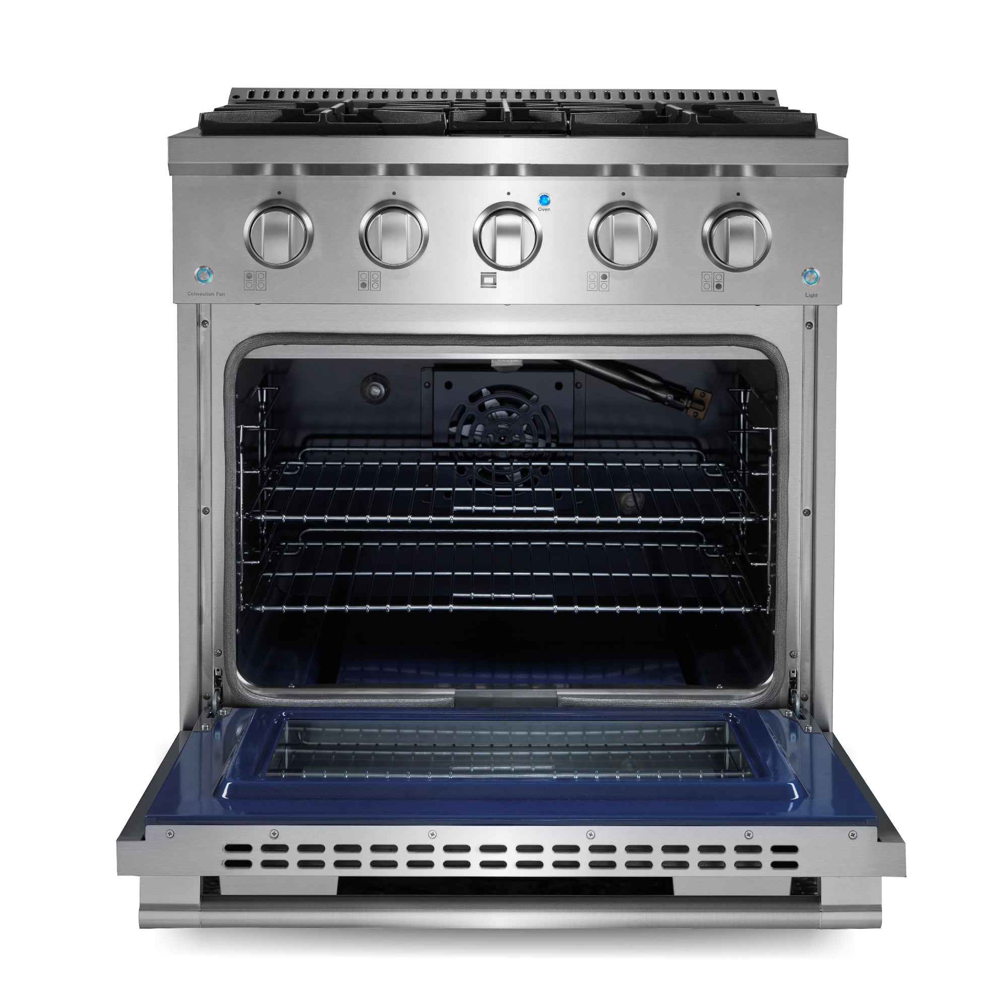 Stainless steel gas range with oven door open, interior racks visible