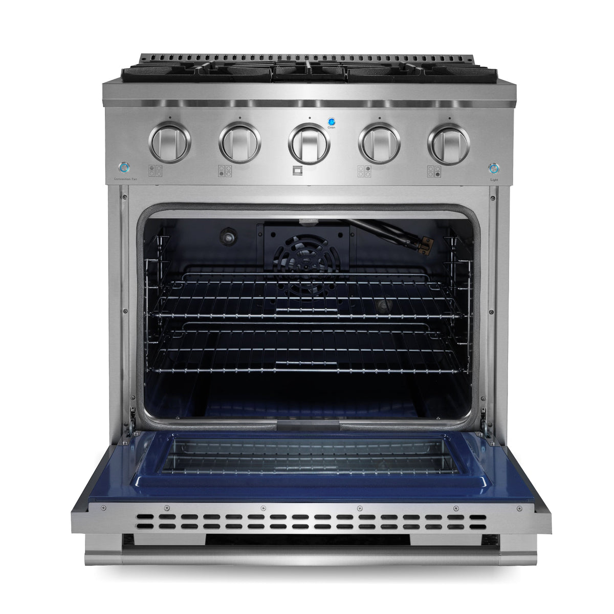 Stainless steel gas oven range with open door and control knobs
