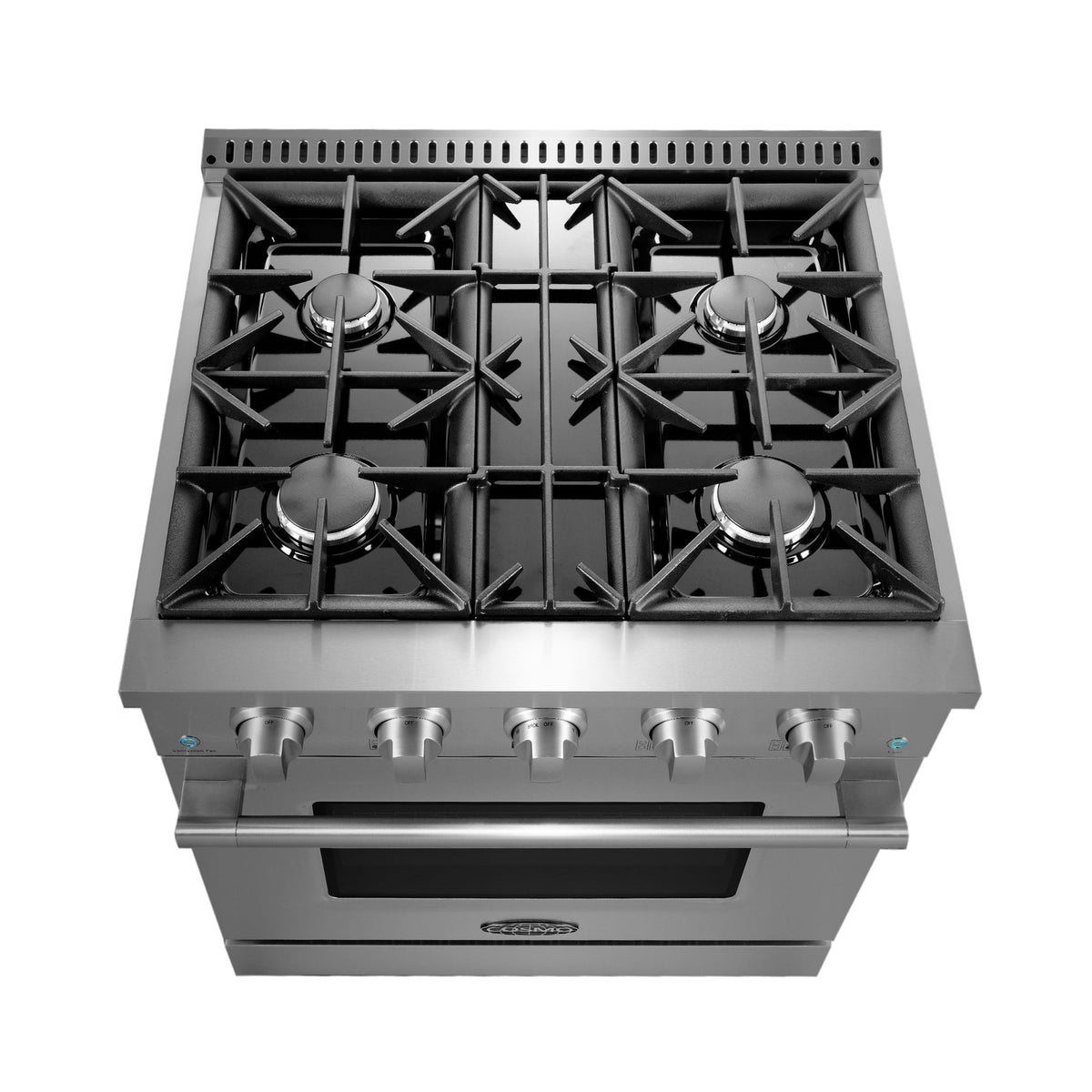 Stainless steel gas range with four burner grates and black burner caps
