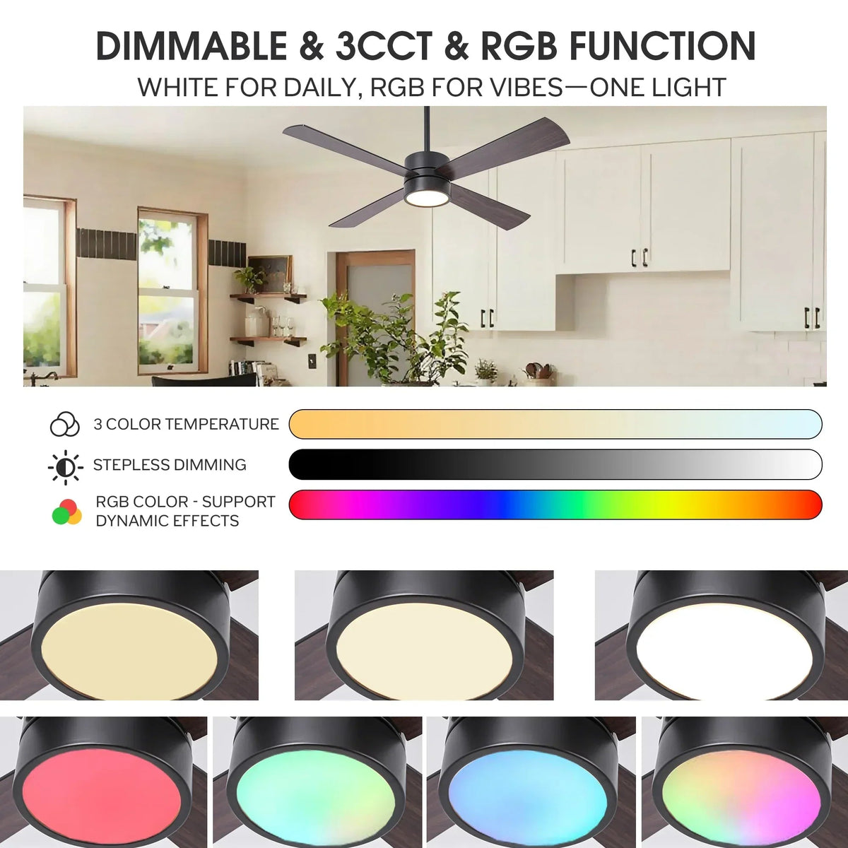 Ceiling fan LED light with 3 color temperatures, dimming bar, and RGB color options