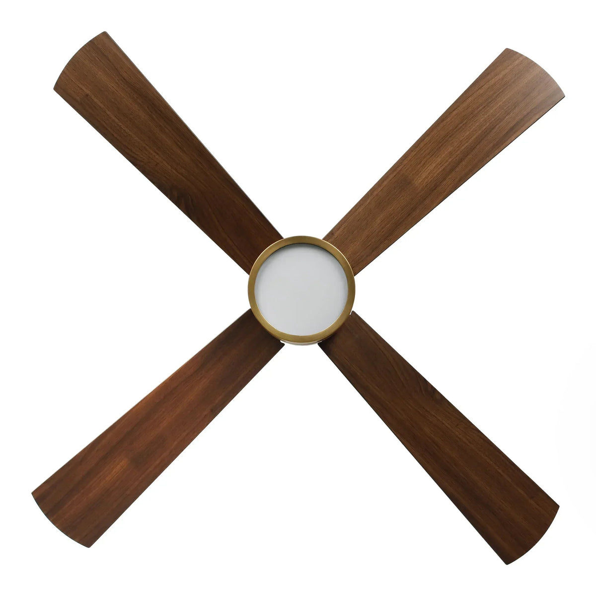 Golden ceiling fan with five dark wood-look blades and frosted LED light