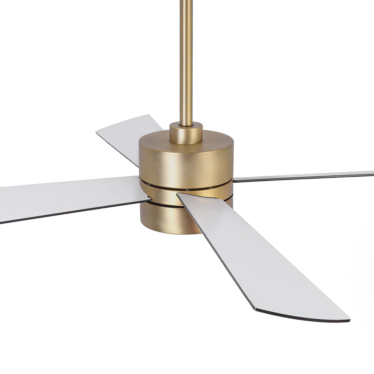 Gold ceiling fan with three white blades and circular LED light