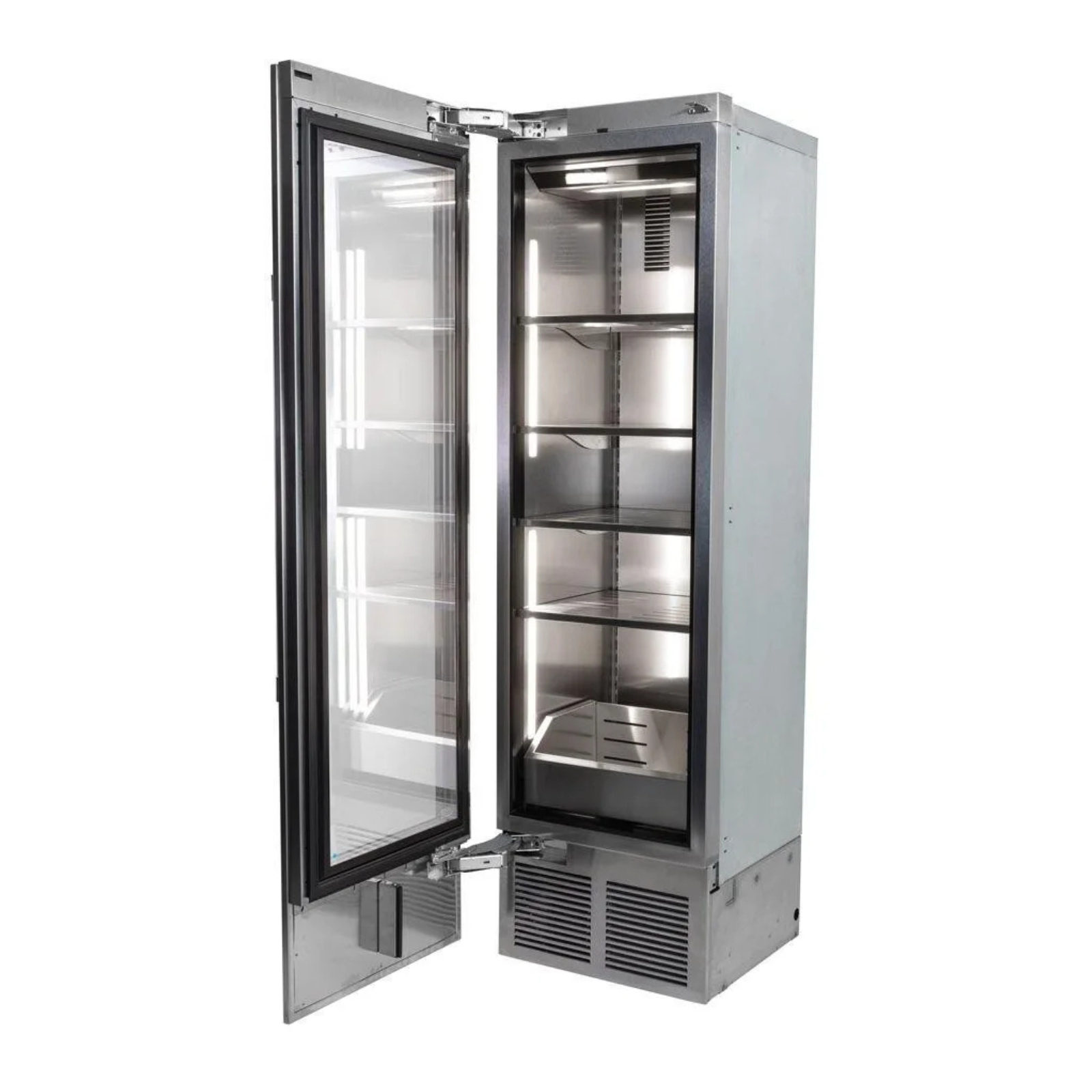 Stainless beverage center with open door showing empty interior shelves and storage racks
