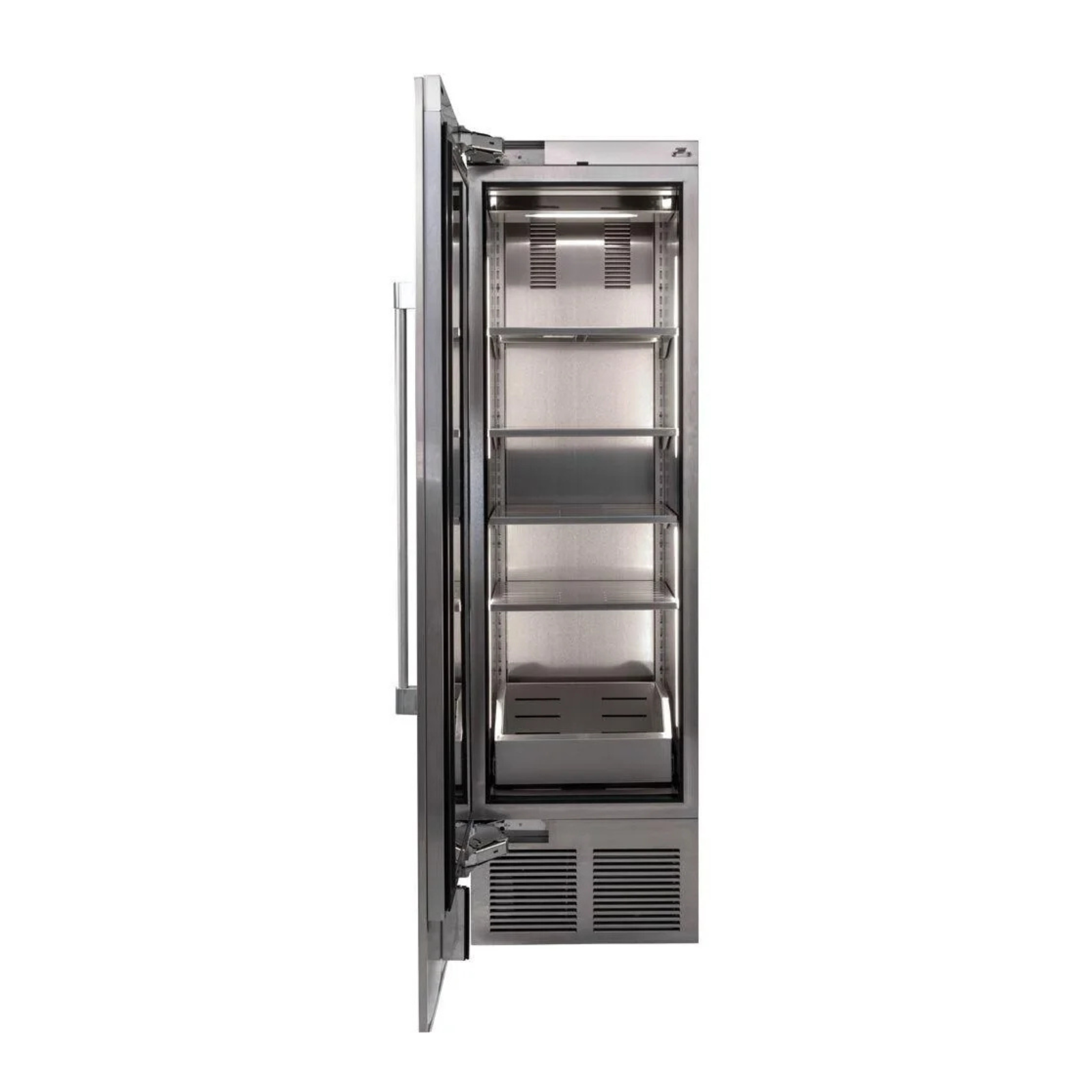 Stainless beverage center with open door, clear shelves, and toe-kick vent grille