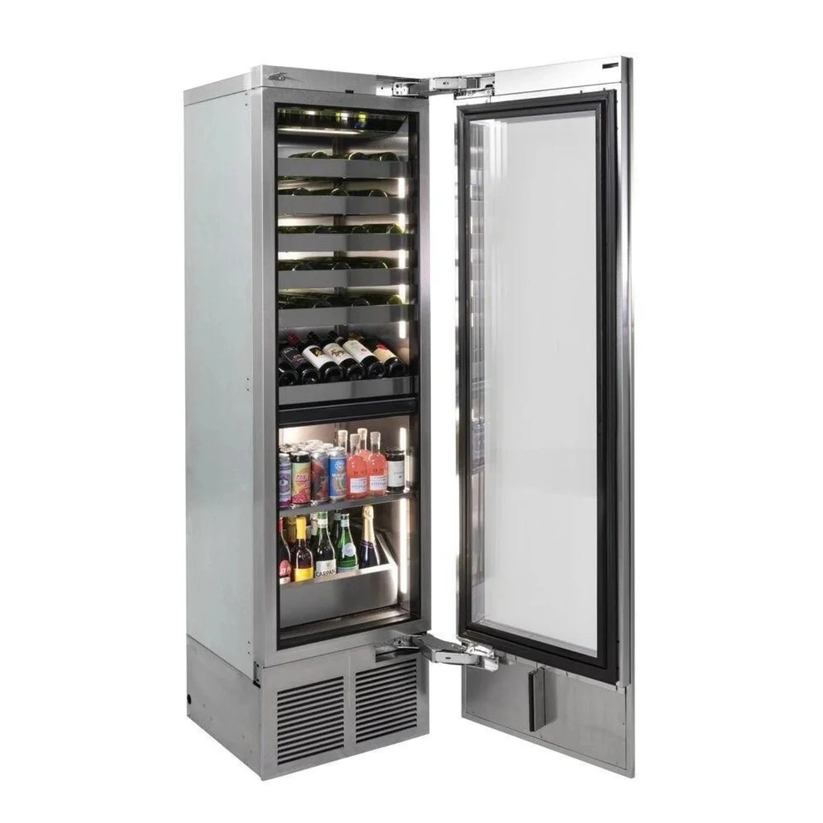 Stainless steel dual-zone beverage center with two open glass doors and interior shelves