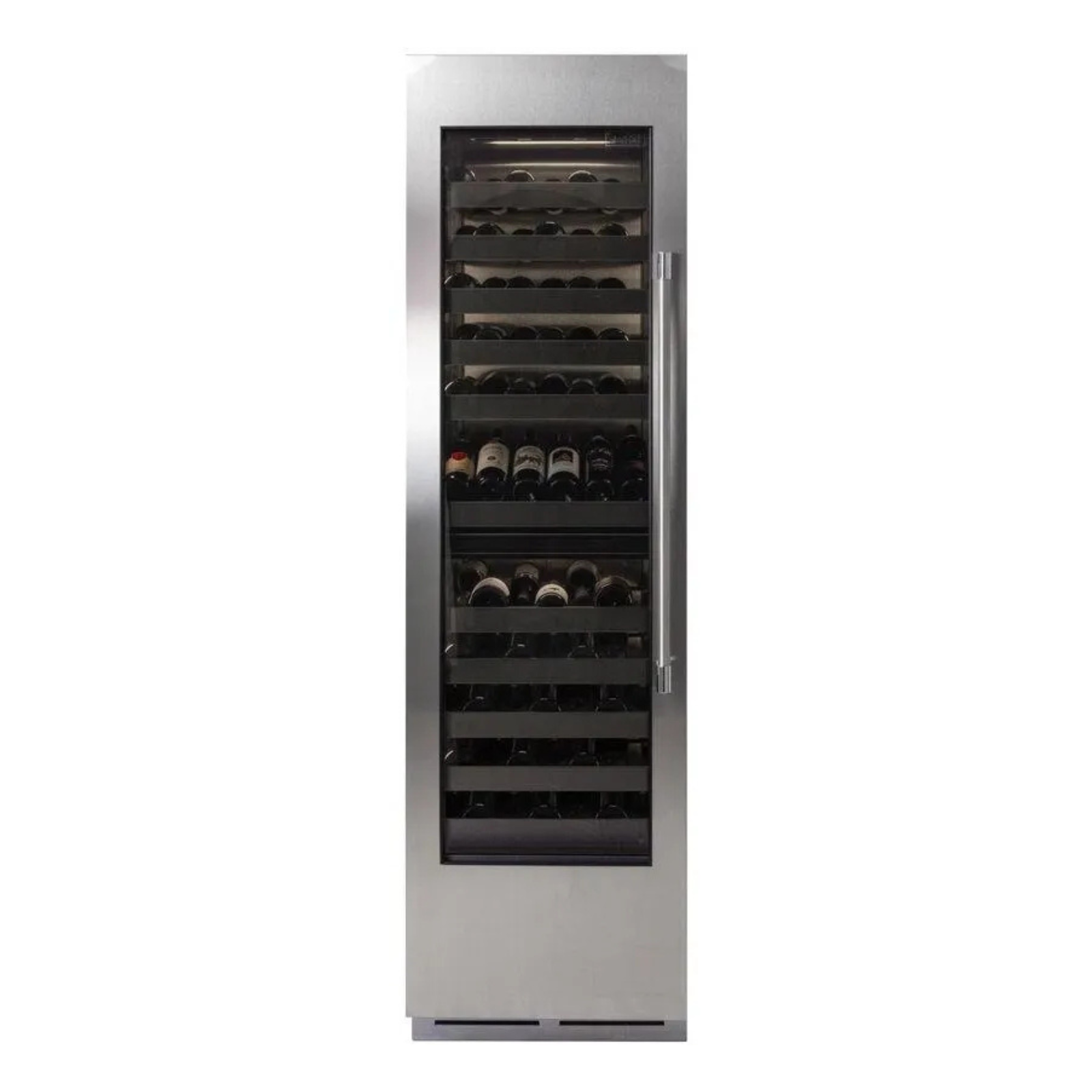 Stainless steel dual-zone wine cooler with 68-bottle racking, black glass door