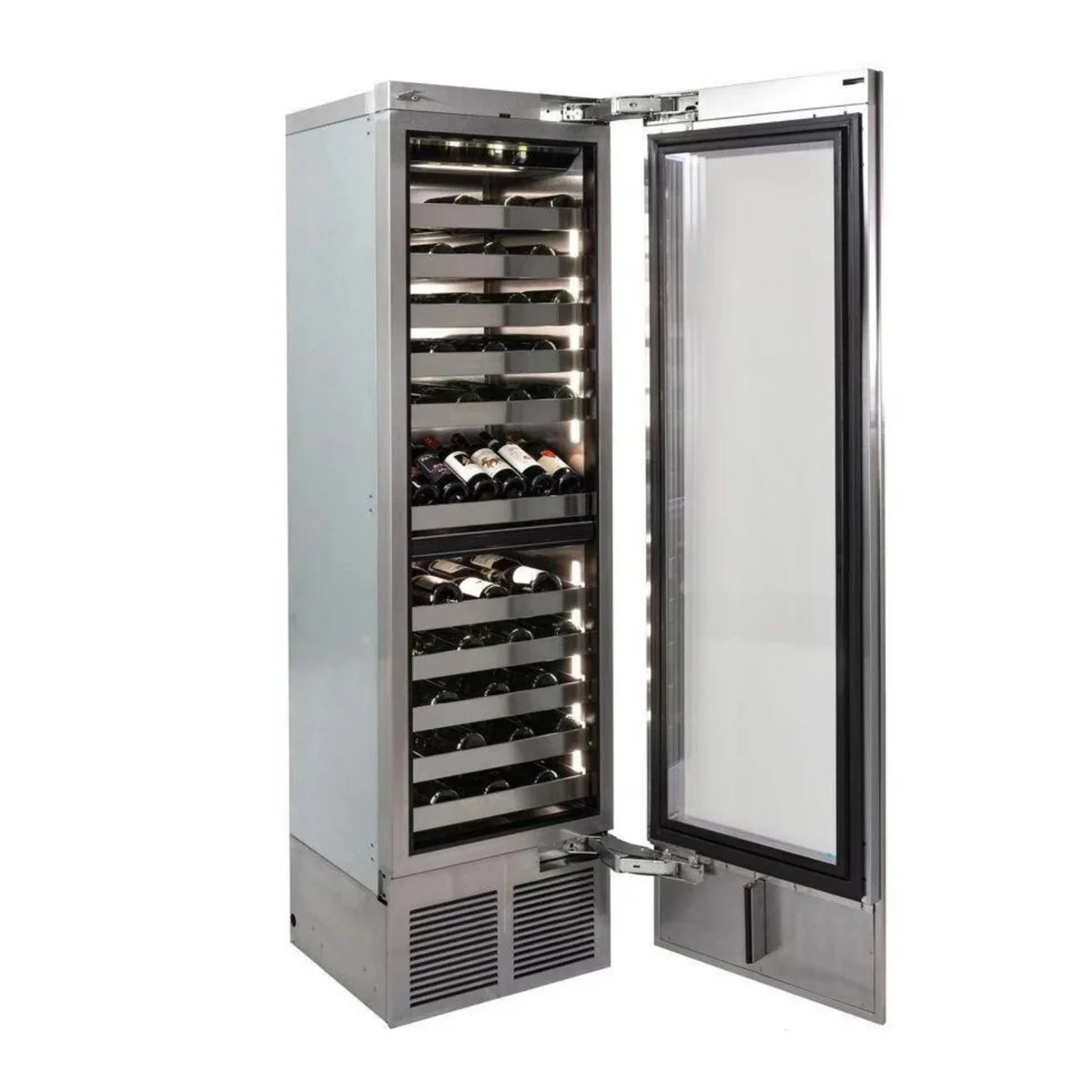 Stainless wine cooler with open glass door, bottle shelves and toe-kick vents