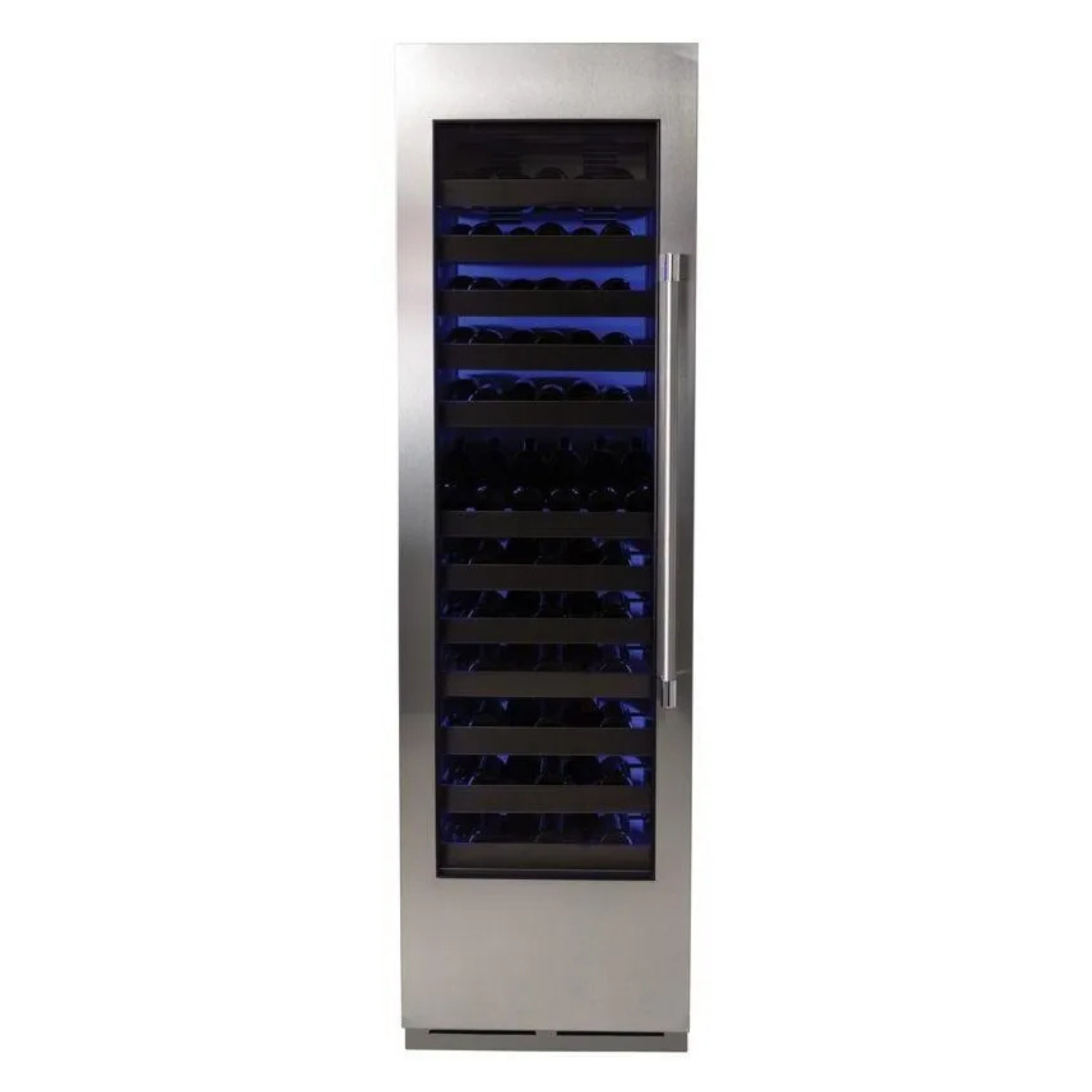 Stainless steel single-zone wine cooler with glass door and blue-lit bottle racks