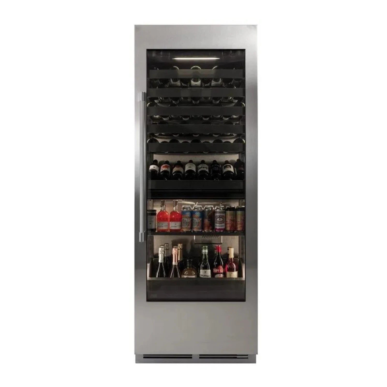 Stainless steel dual-zone beverage center with clear glass door and bottle storage