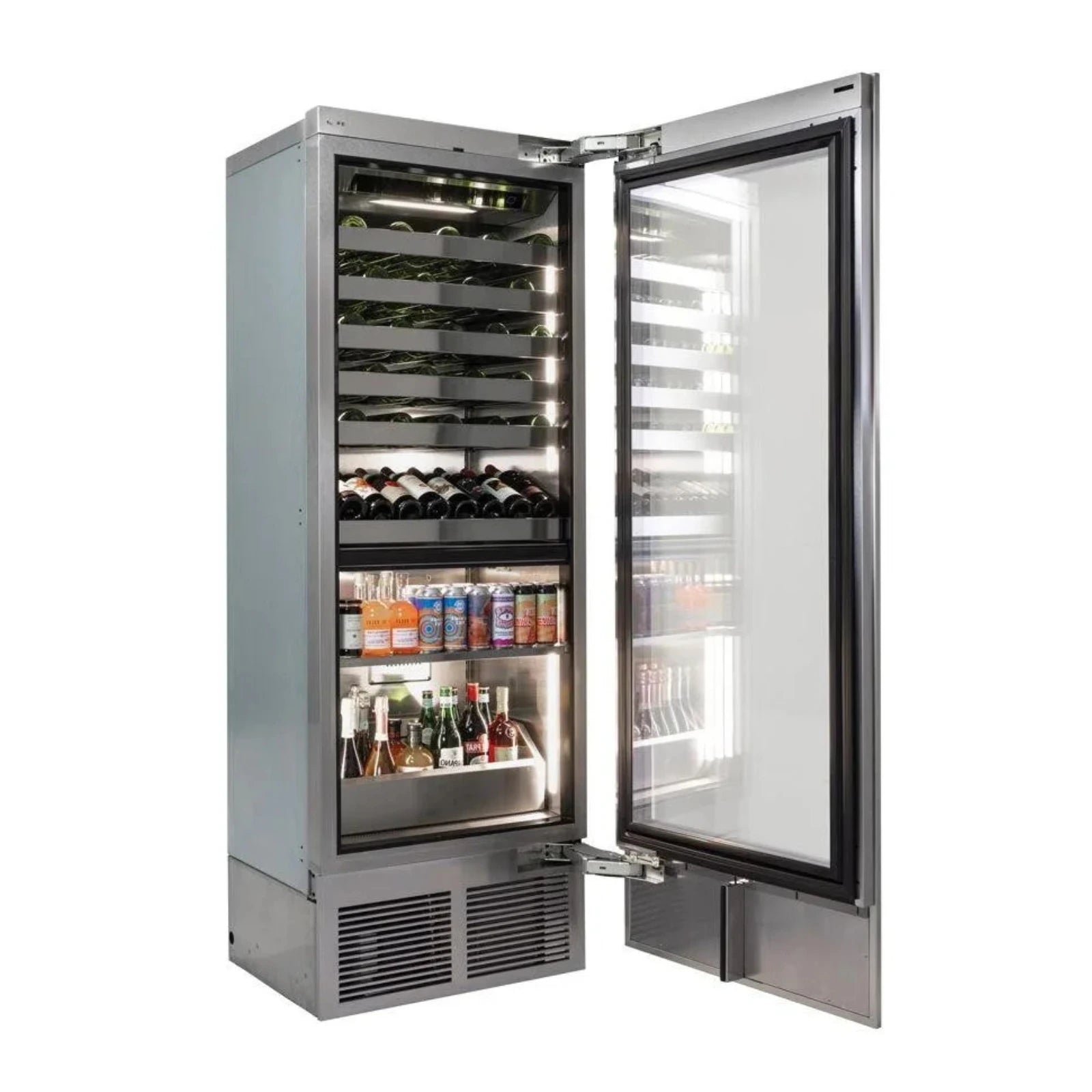 Stainless steel dual-zone beverage center, open glass door with bottle and can racks