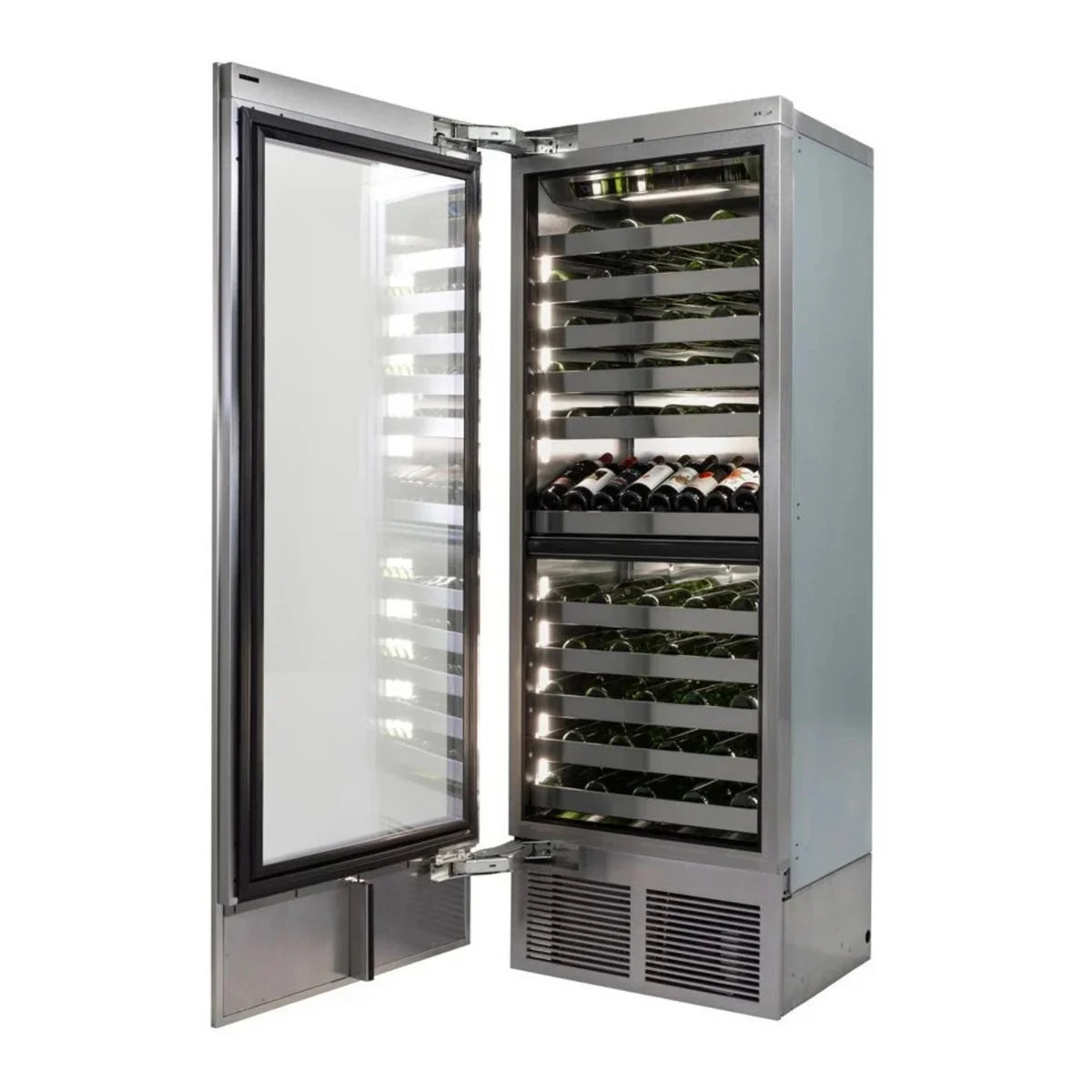 Stainless steel dual-zone wine cooler with open door, black shelves, left hinge