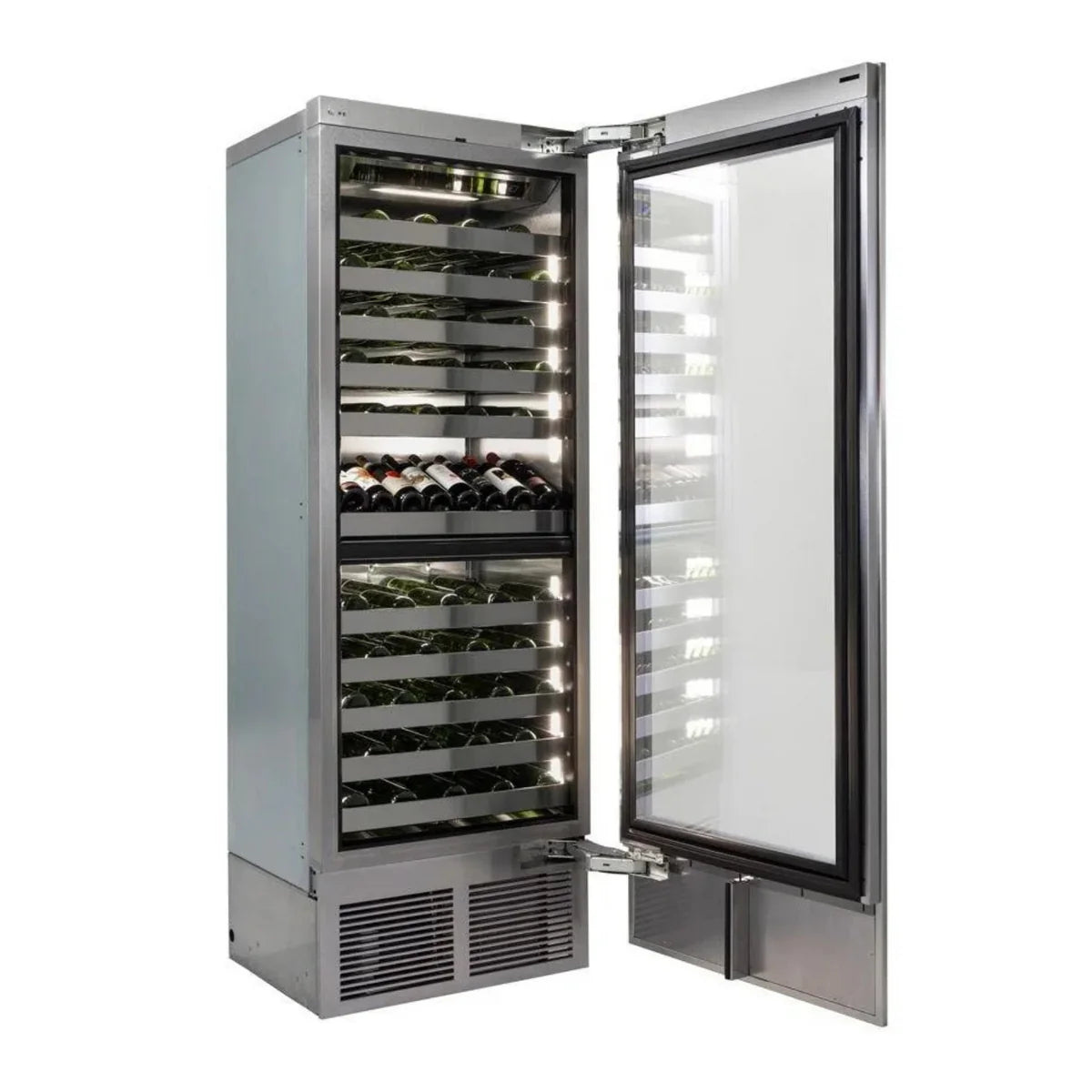 Stainless steel dual-zone wine cooler with open glass door and bottle racks inside