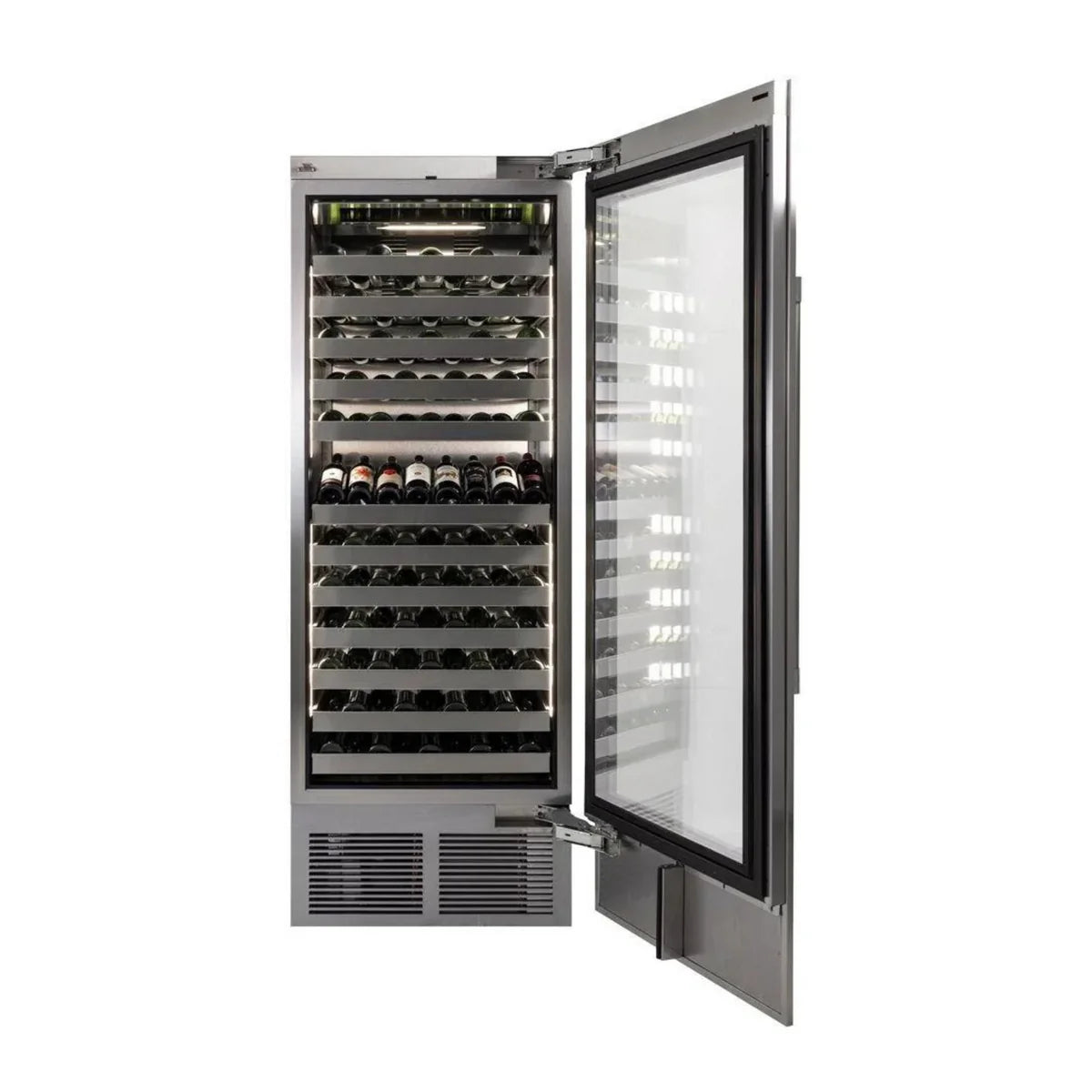Stainless wine cooler with open glass door and interior wine bottle racks