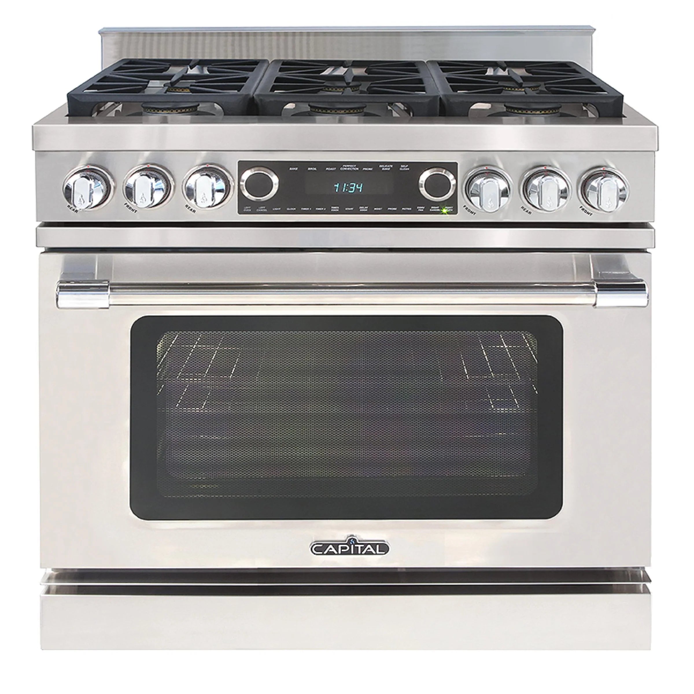 Stainless dual fuel range front with burner controls and glass oven window