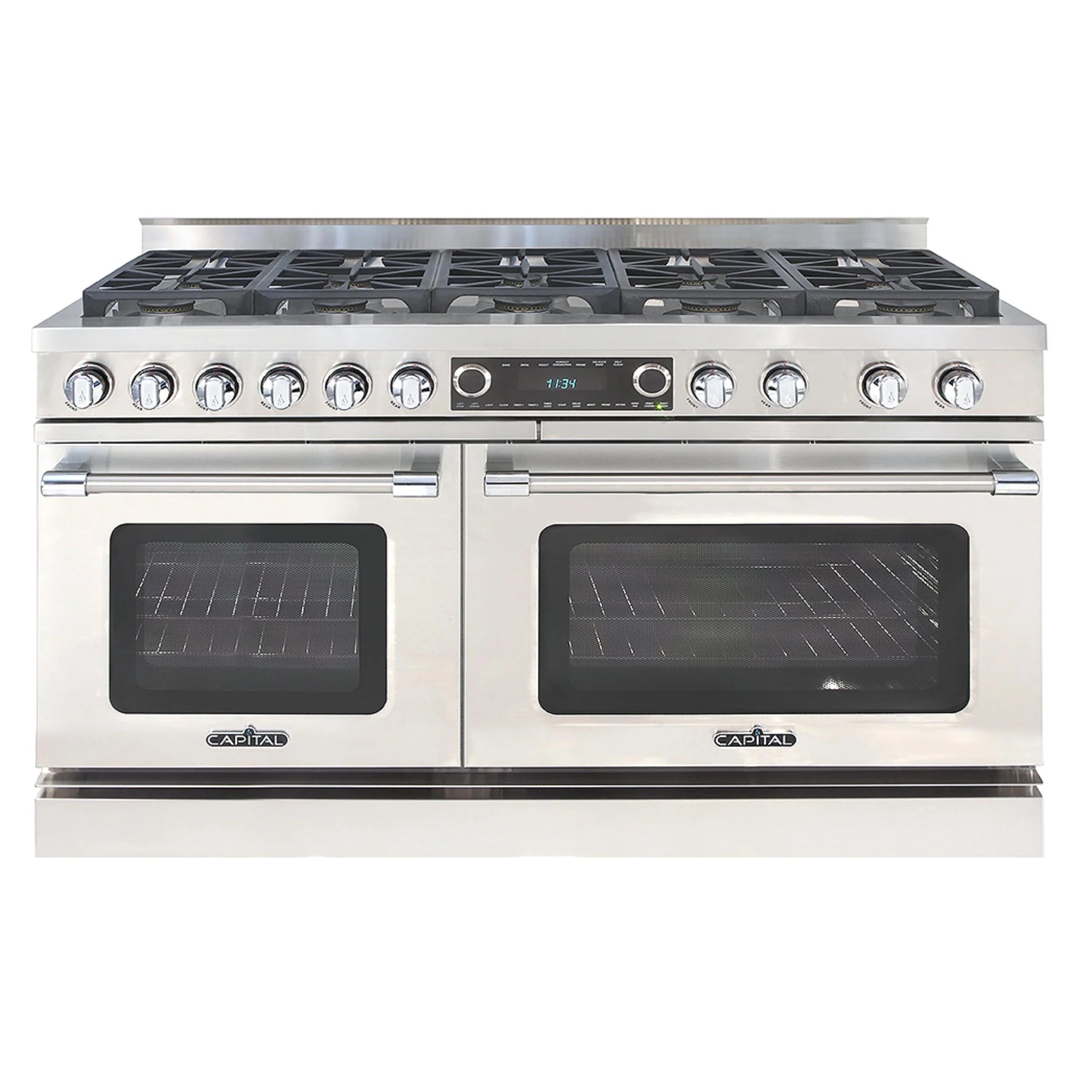 Stainless steel dual fuel range with 10 sealed burners and two black glass oven doors