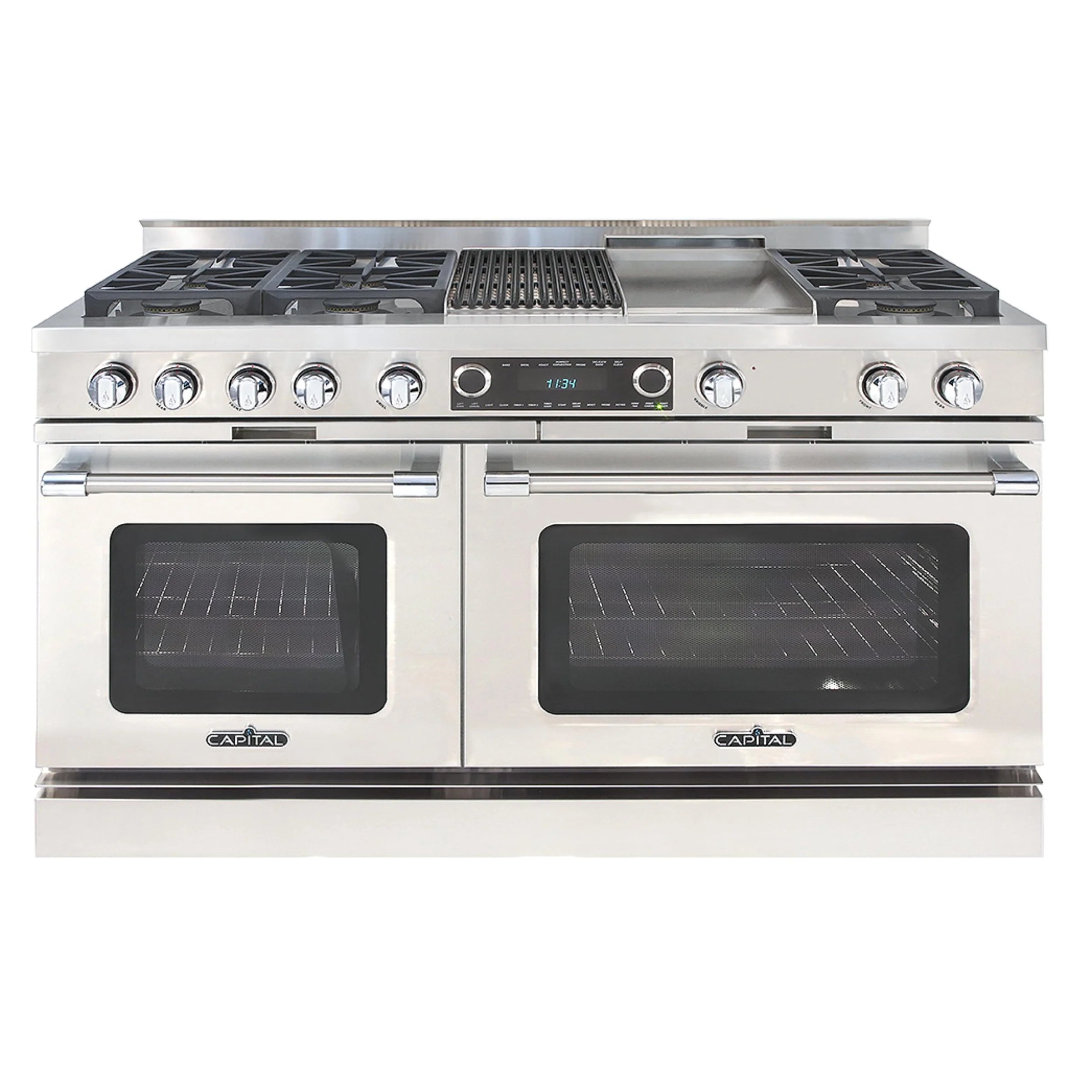 Stainless steel dual fuel range with six sealed burners, griddle, grill, and two ovens