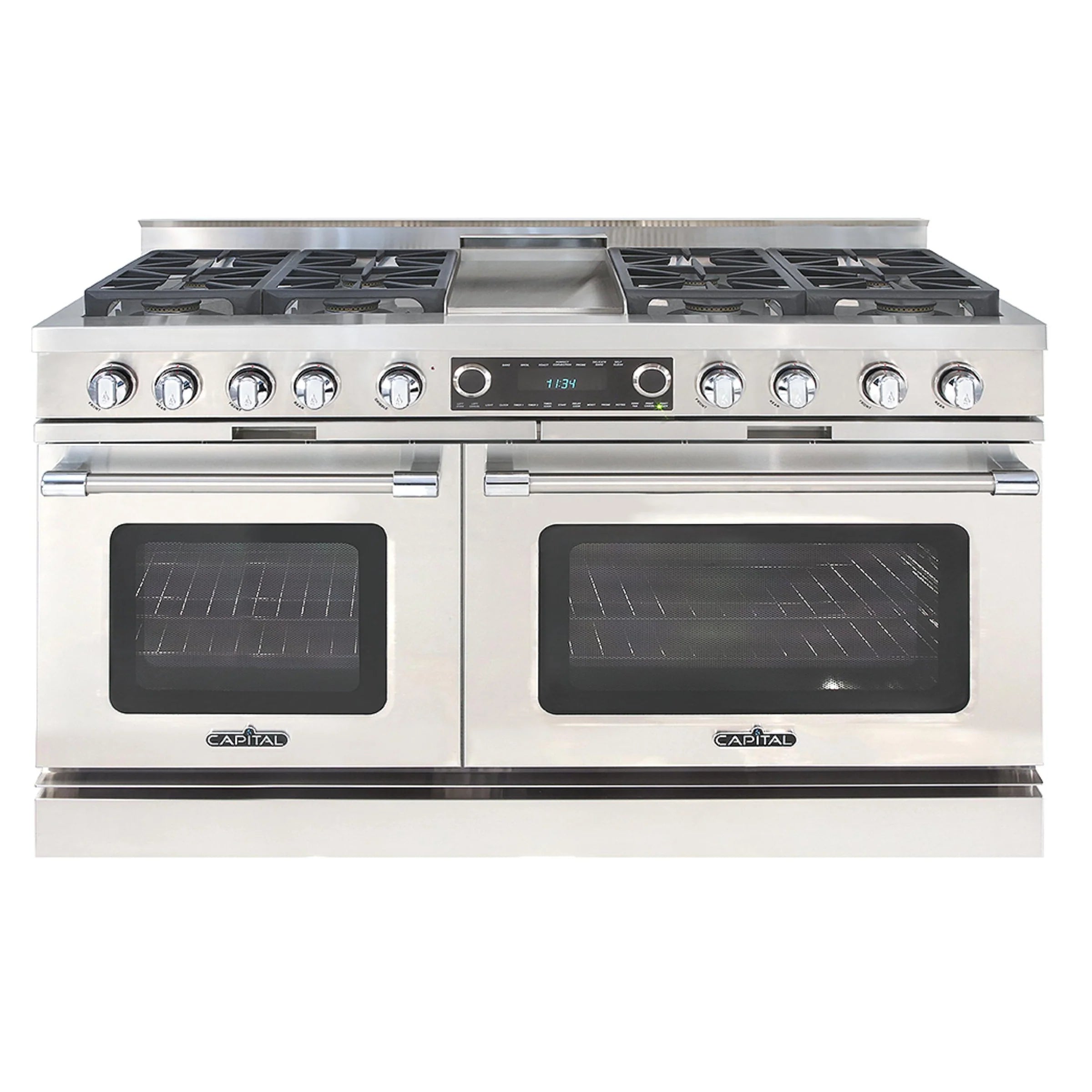 Stainless steel 60-inch dual fuel range with eight sealed burners and griddle