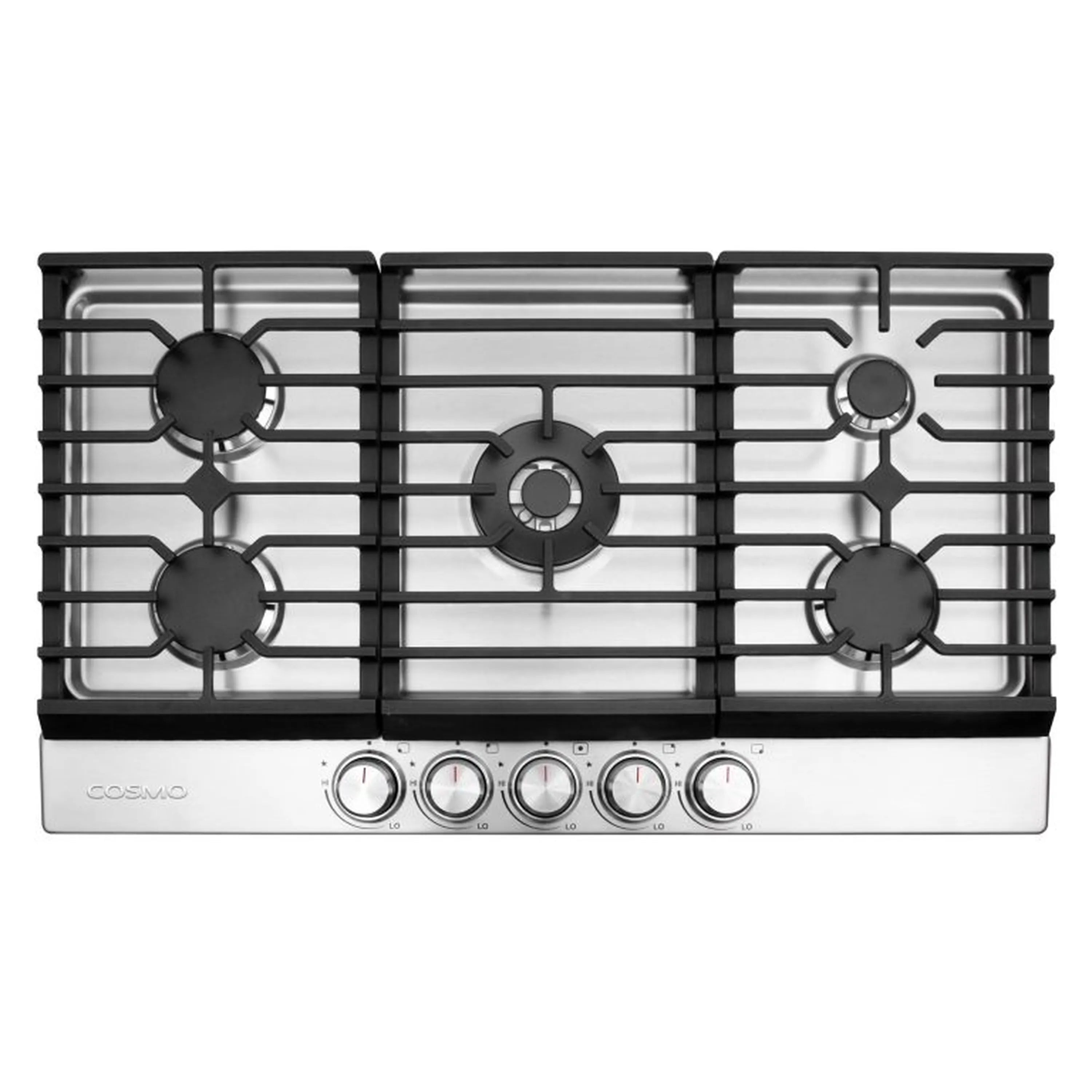 Stainless steel gas cooktop with 5 burners, black grates, and front control knobs