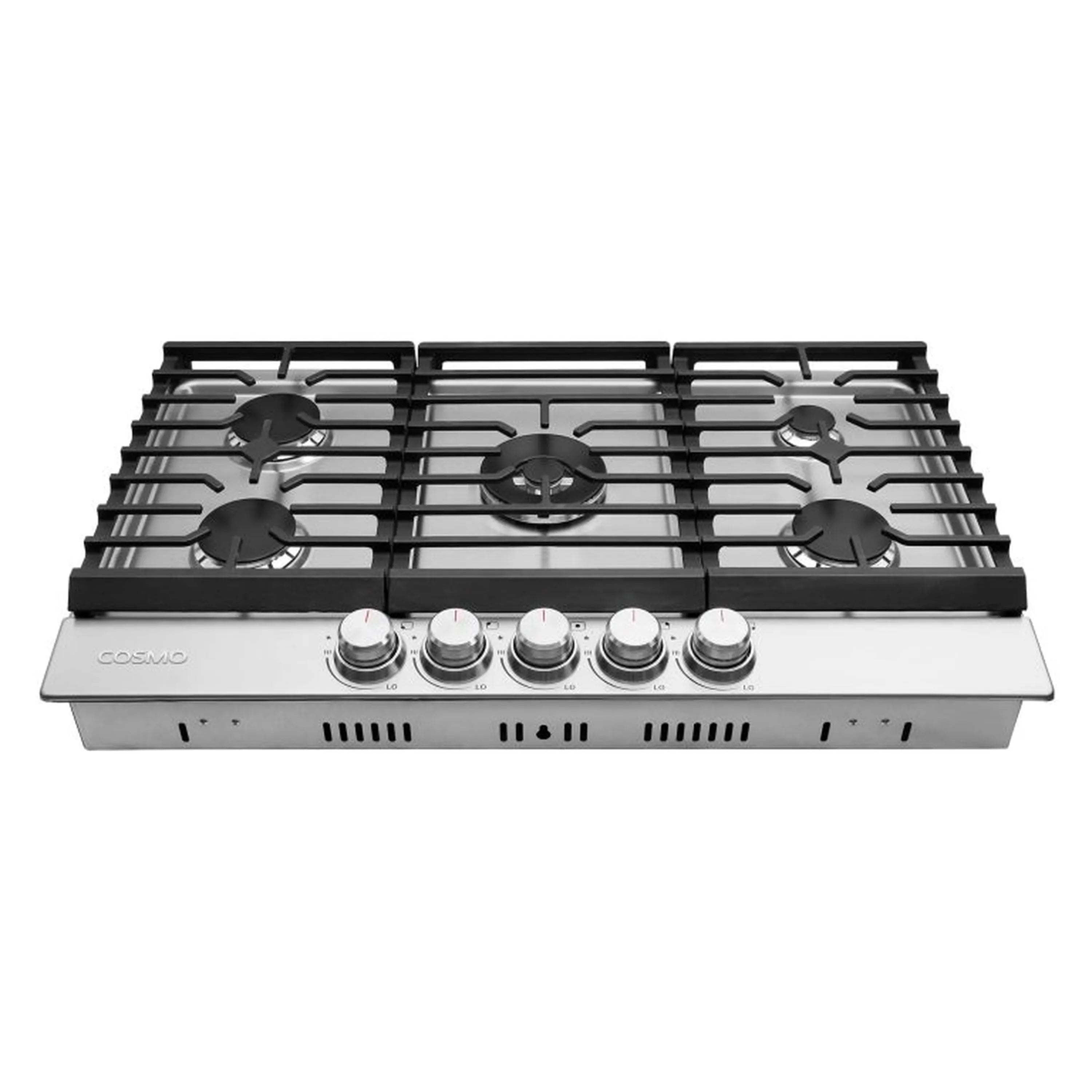 Front view stainless steel gas cooktop with 5 black burners and control knobs