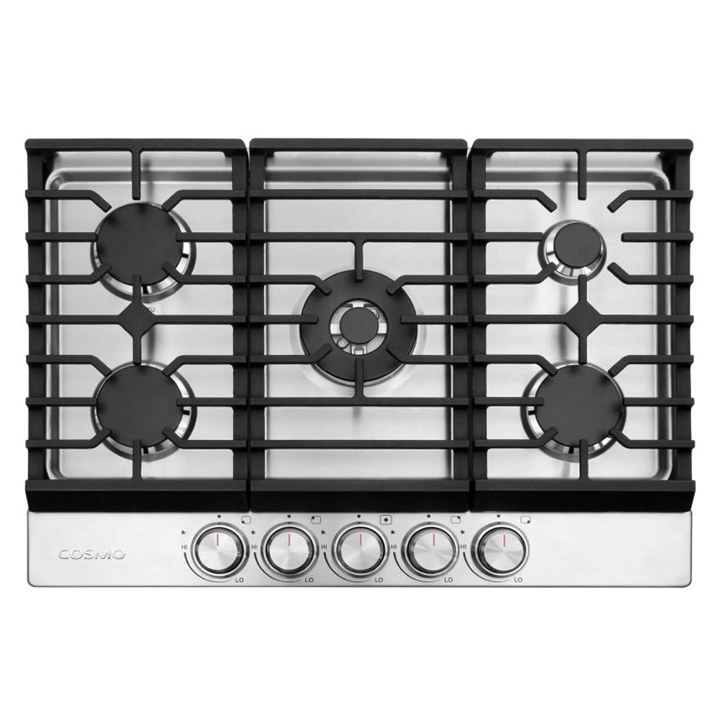 Stainless steel gas cooktop with black grates and five burners plus front control dials
