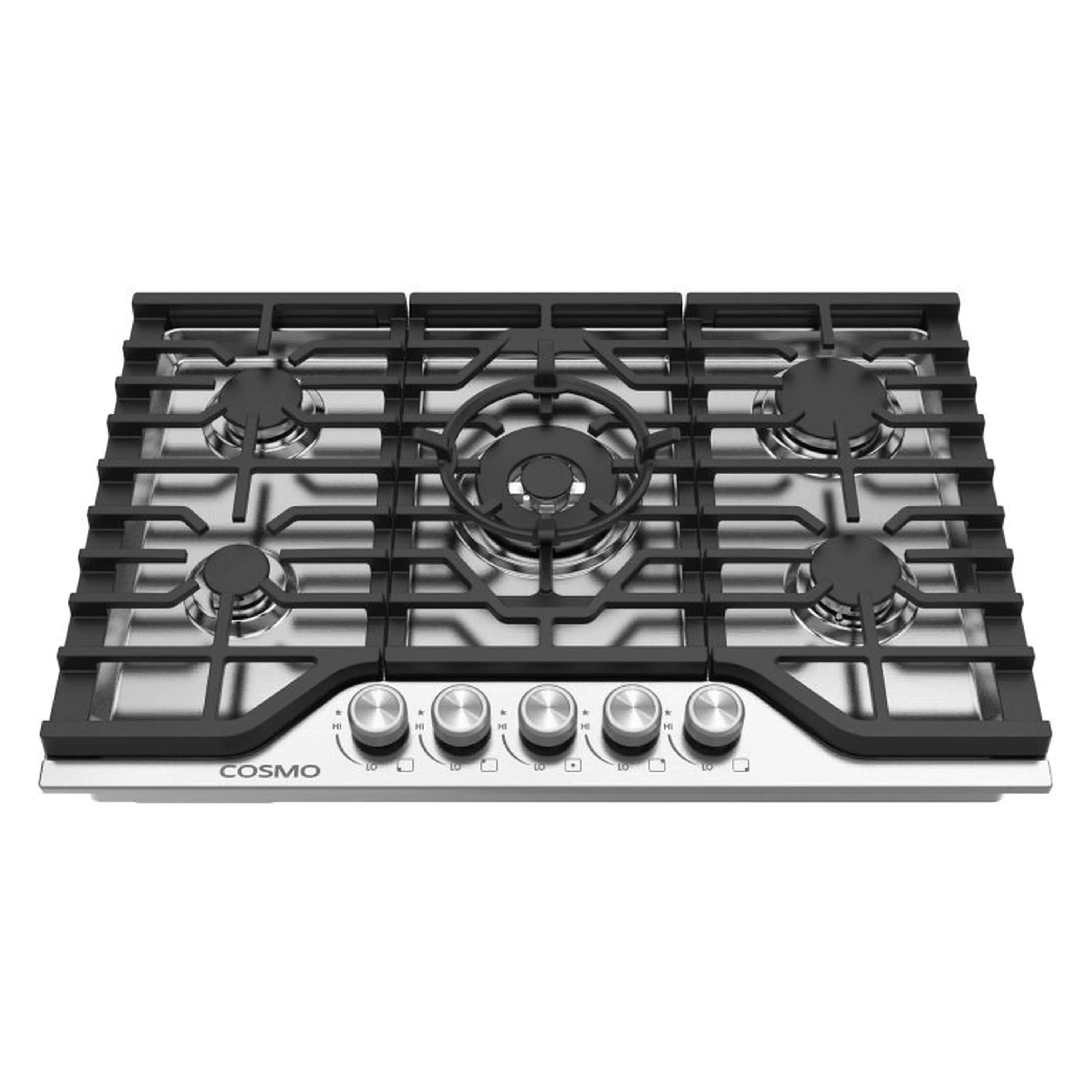 Stainless steel gas cooktop with five burners, black grates, and control knobs