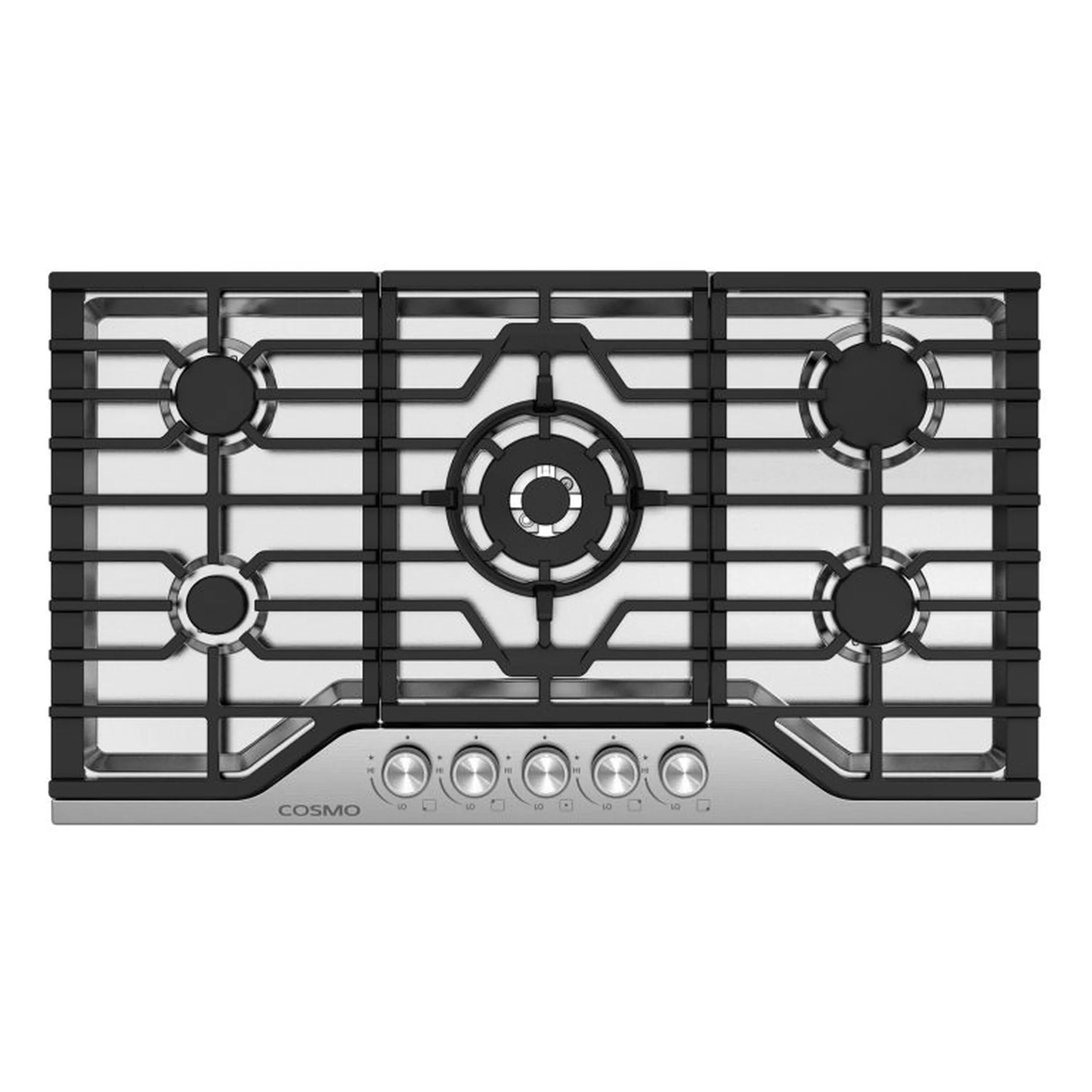 Front view stainless steel gas cooktop with black burner caps and control knobs
