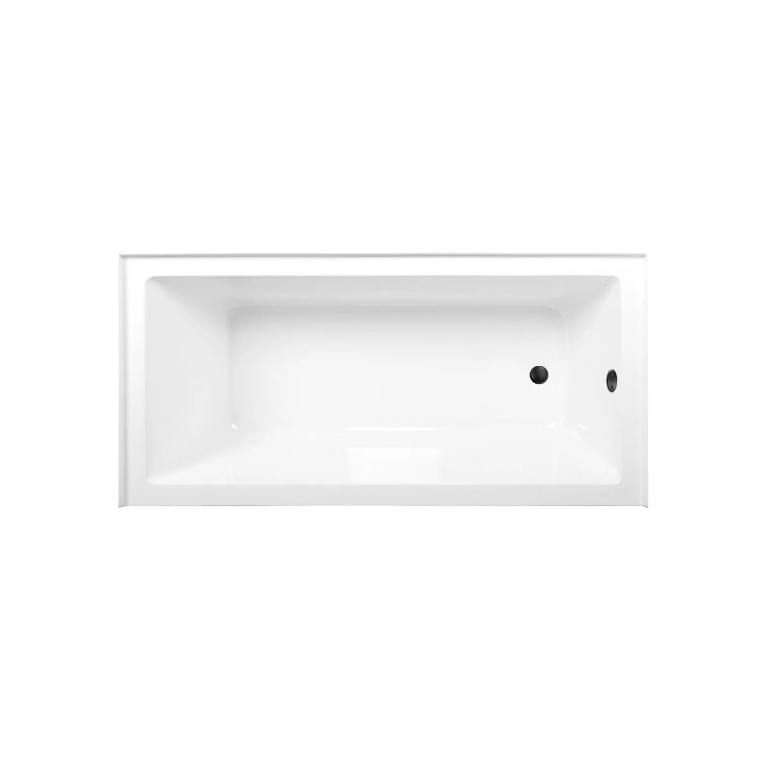 Rectangular alcove acrylic tub, glossy white with black overflow and drain openings