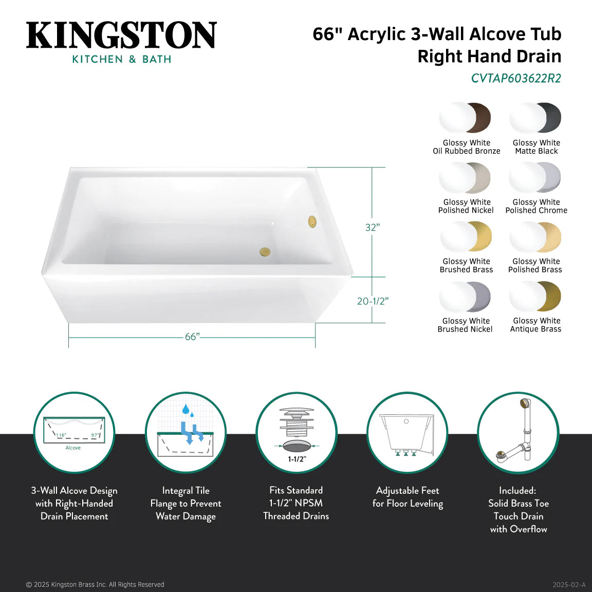 66 in glossy white acrylic 3-wall alcove tub with right-hand drain and overflow