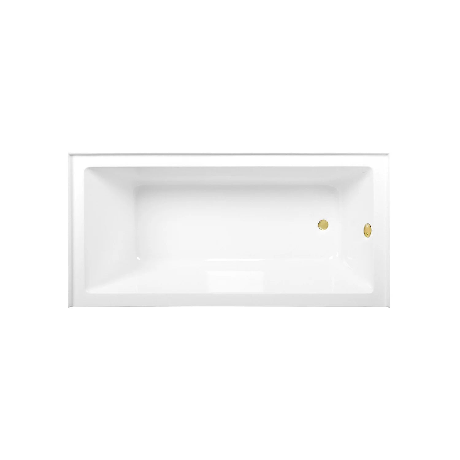 Glossy white rectangular alcove tub with polished brass overflow and drain on right
