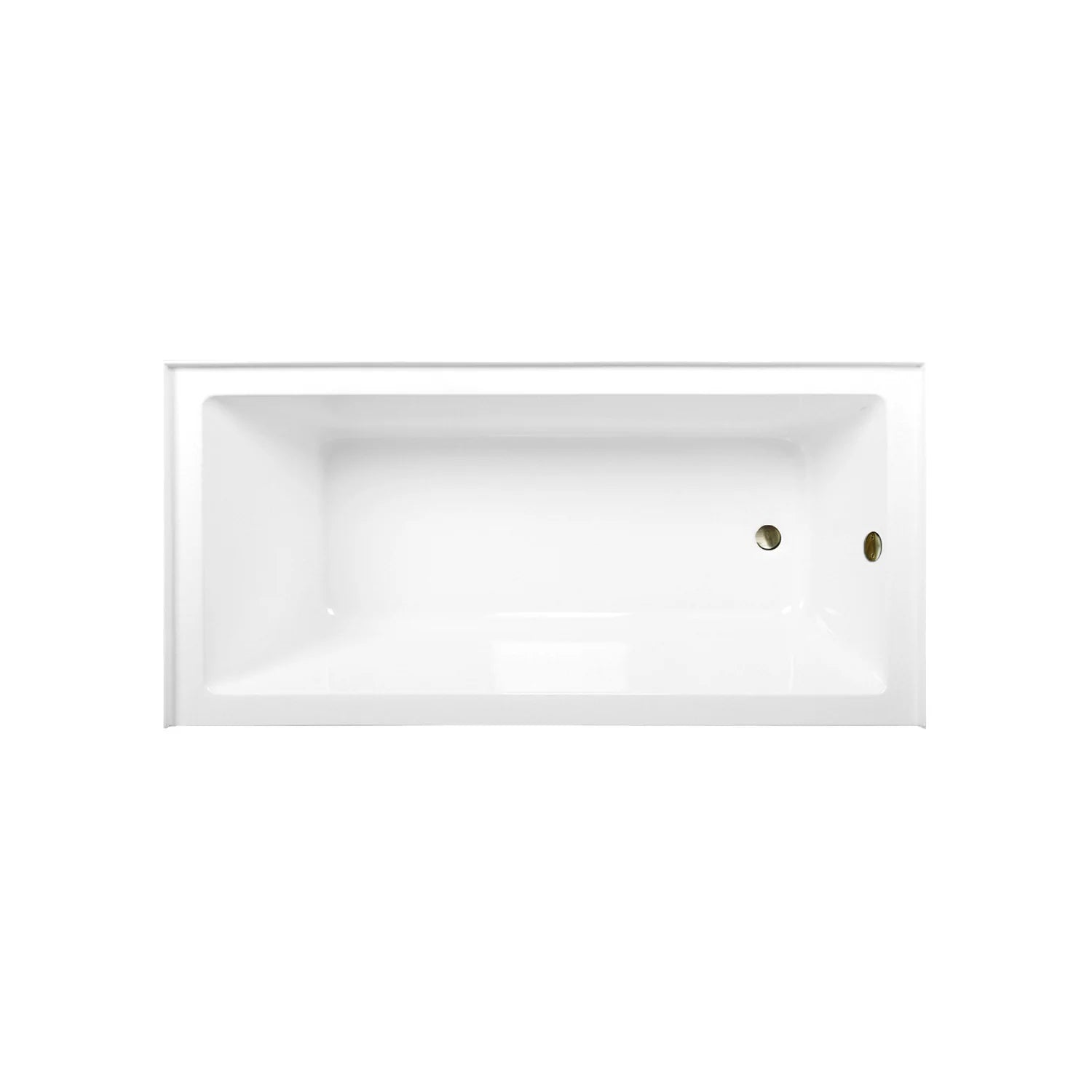 Glossy white acrylic rectangular alcove tub showing interior with antique brass drain fittings