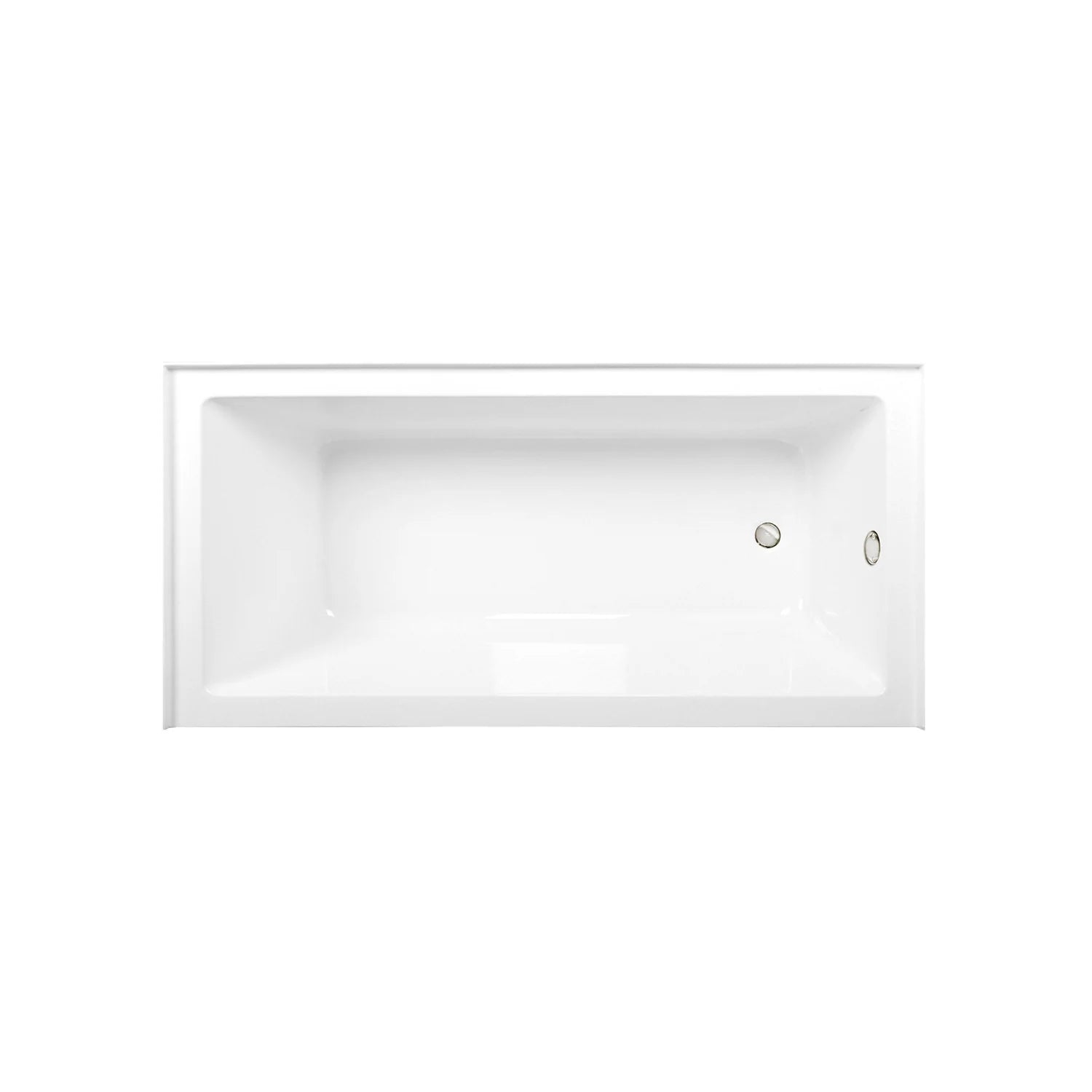 Glossy white acrylic rectangular alcove tub with built-in drain and overflow openings
