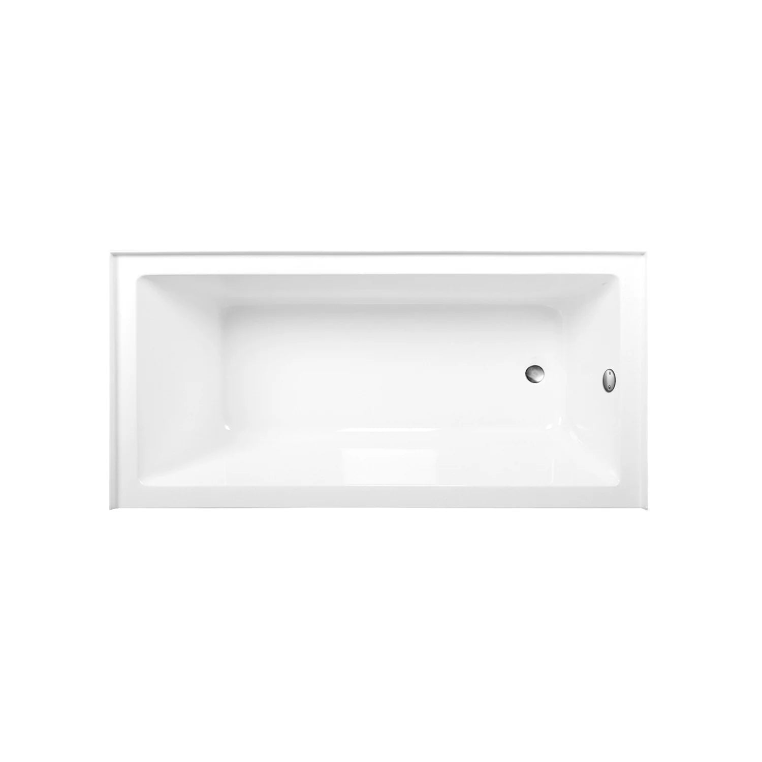 Glossy white rectangular acrylic alcove tub front view with right-side drain and overflow