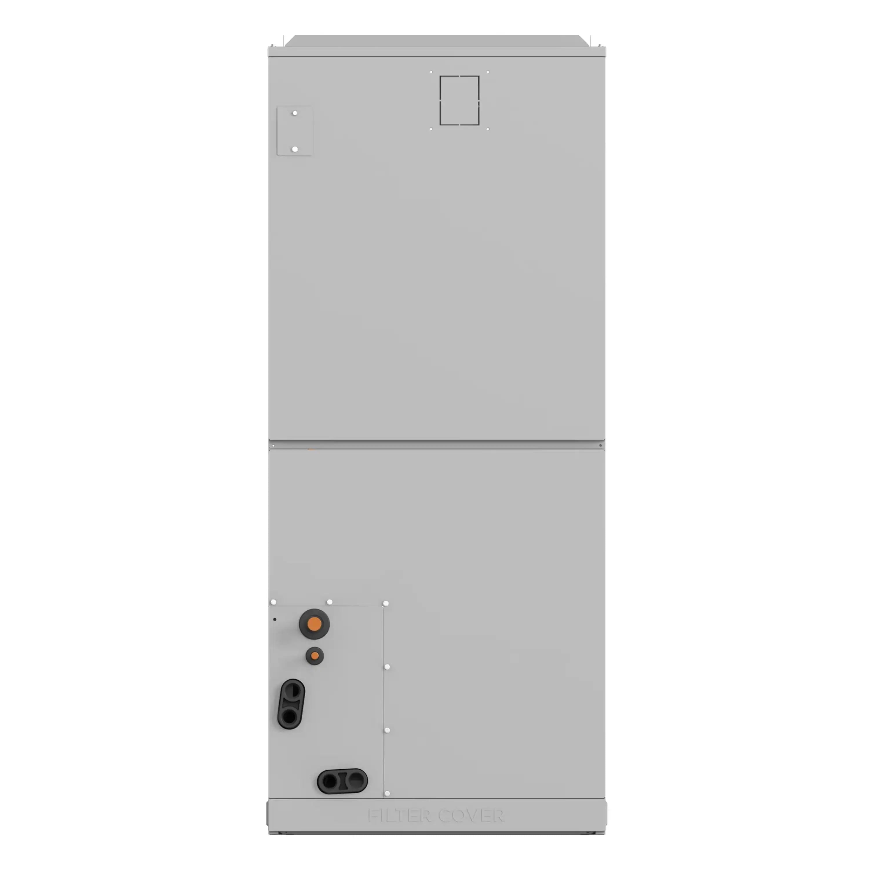 Senville central split heat pump air handler with gray metal casing and service ports