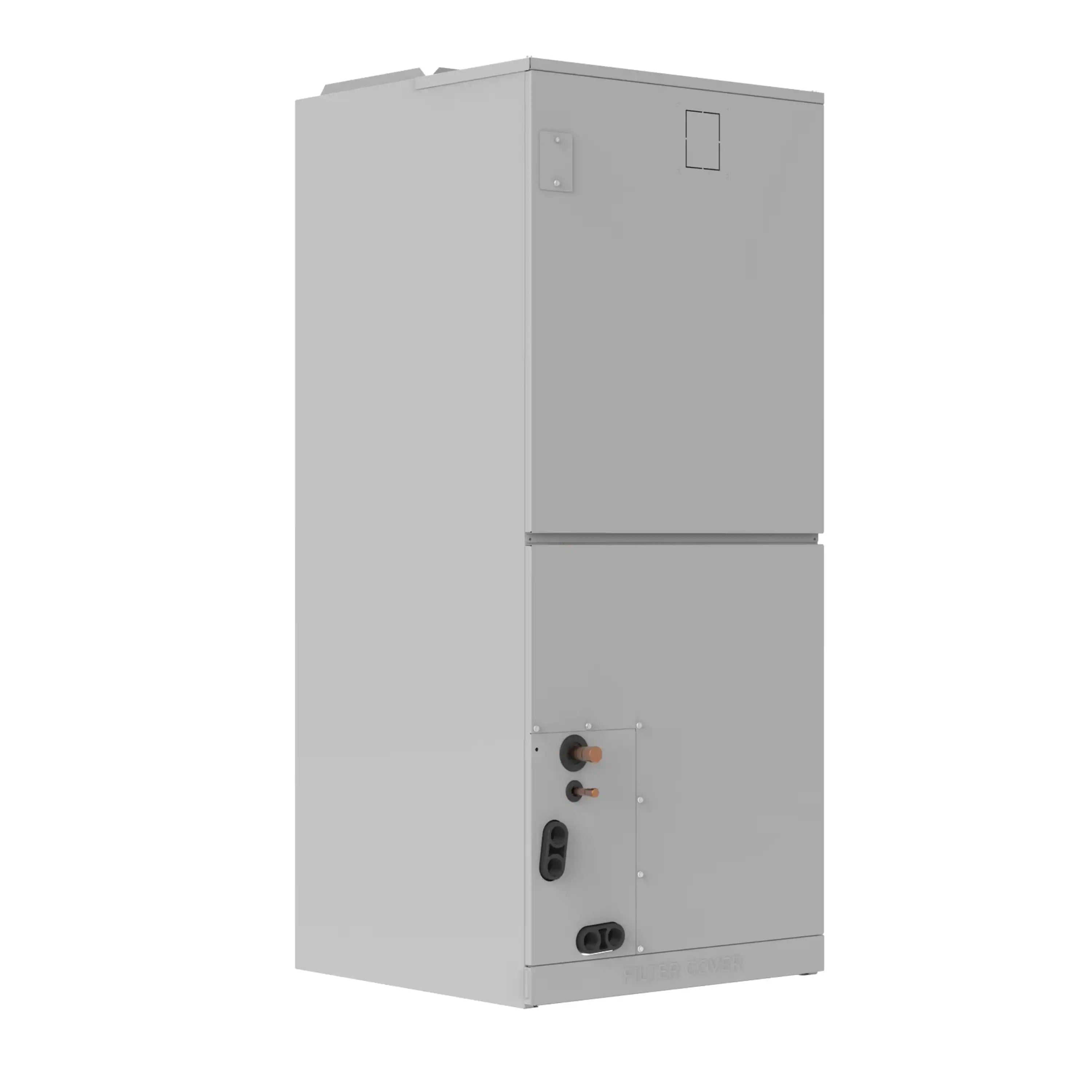 Dual-compartment gray ducted air handler with front service panel and ports
