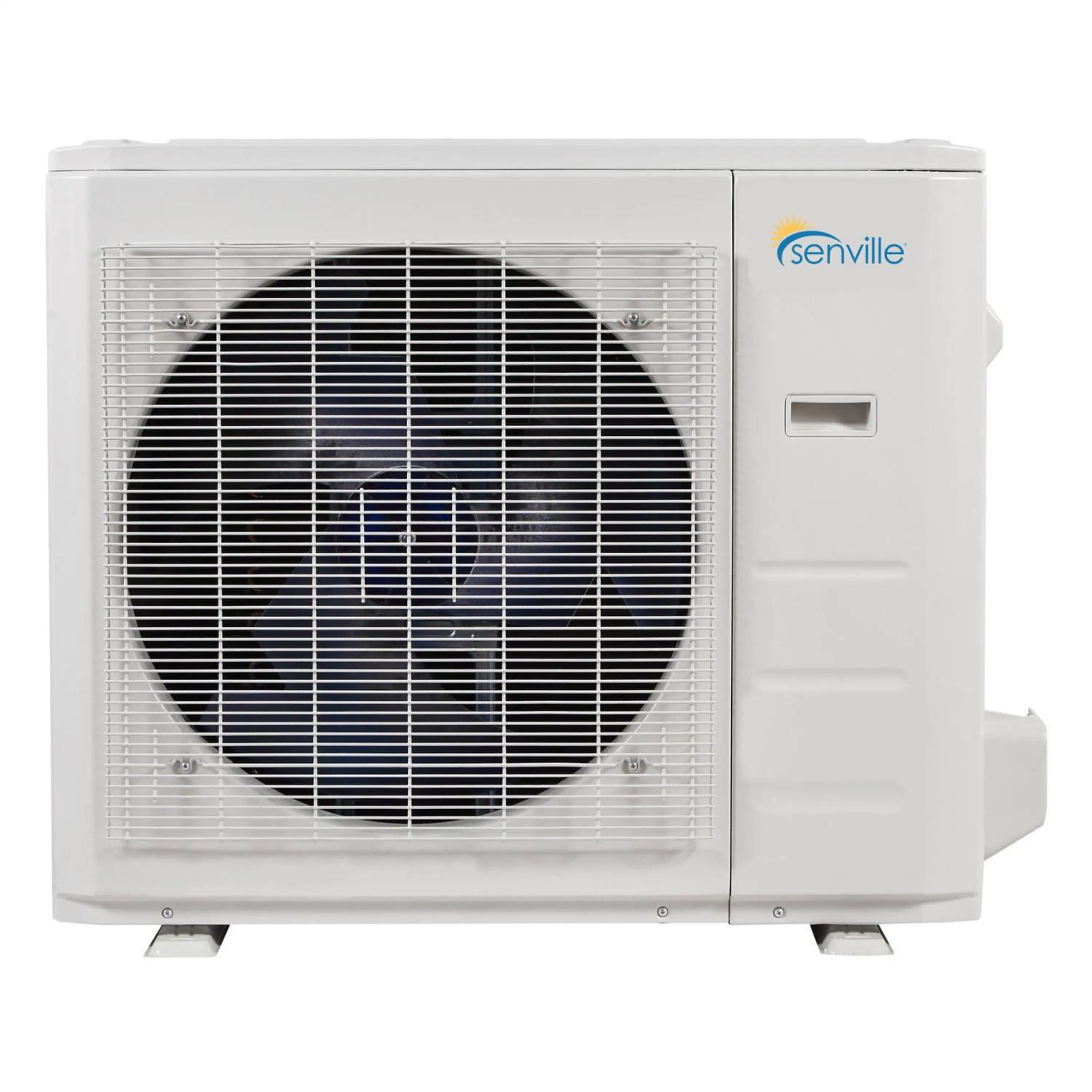 White heat pump condenser with front fan grille