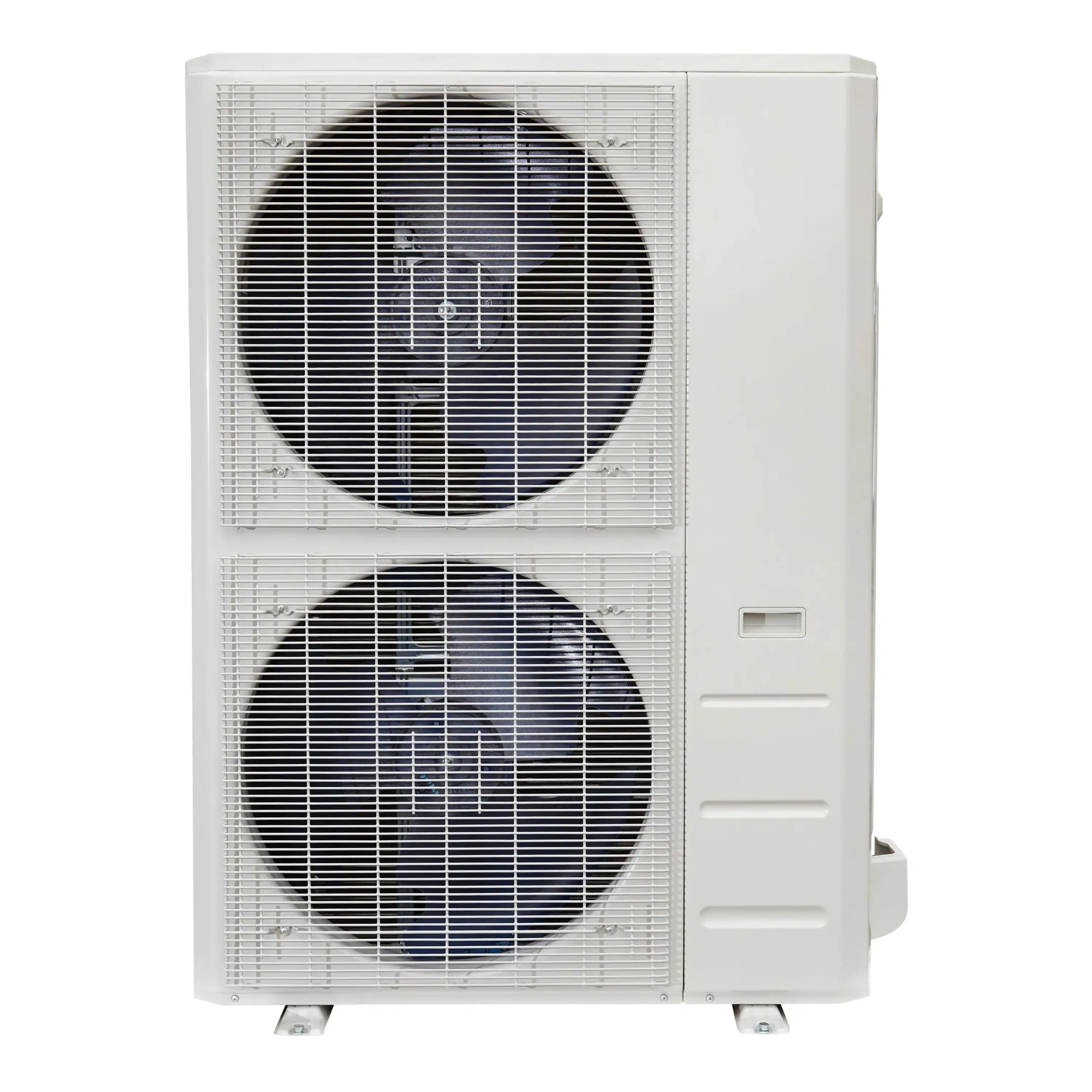 Senville white outdoor heat pump condenser with two circular fan grilles