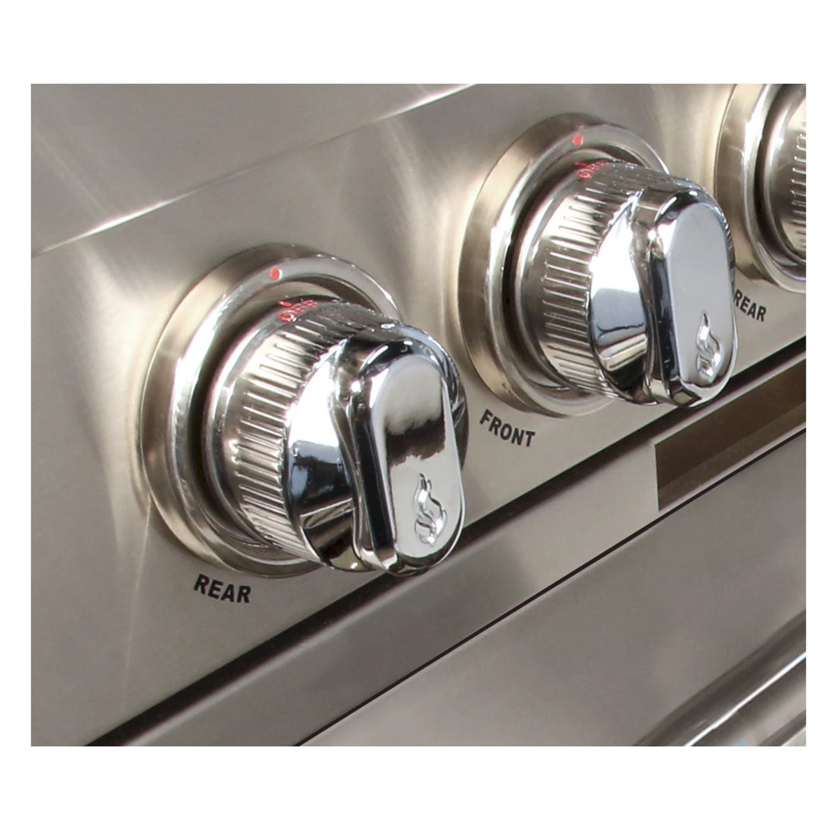 Stainless steel control knobs labeled FRONT and REAR on the cooktop panel