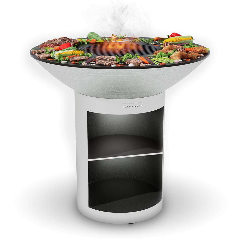 Stainless steel grill storage base with black interior shelves and open cooking top