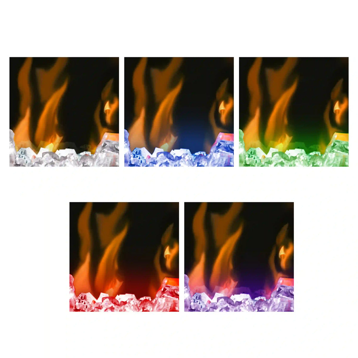 Electric fireplace flame effects with multicolor glow over ember bed