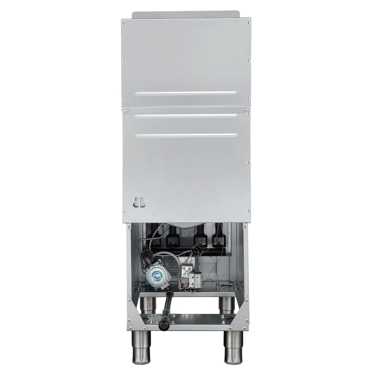 Commercial stainless gas deep fryer rear panel open, showing gas system components