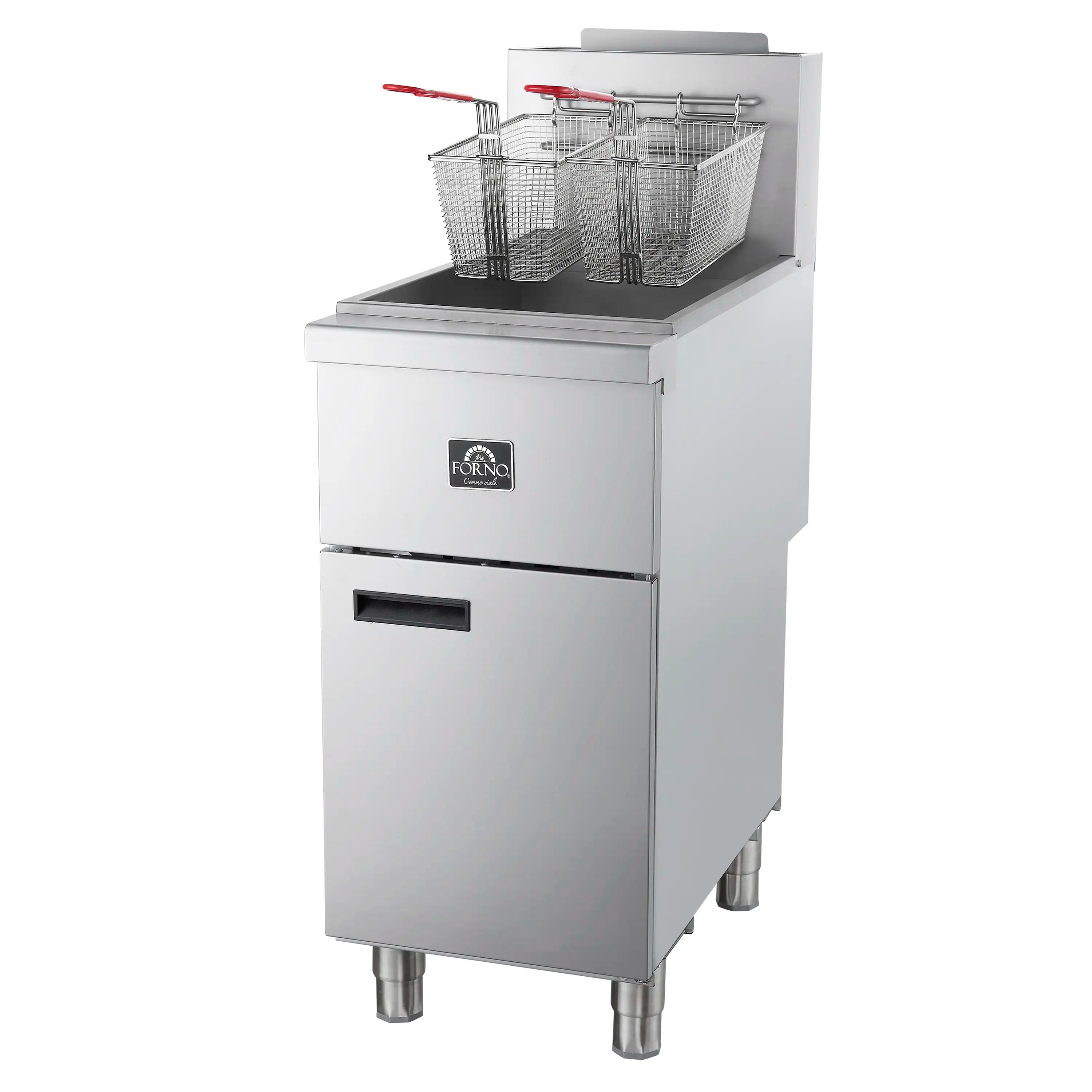 Commercial stainless gas deep fryer with three wire baskets and red handles, side view
