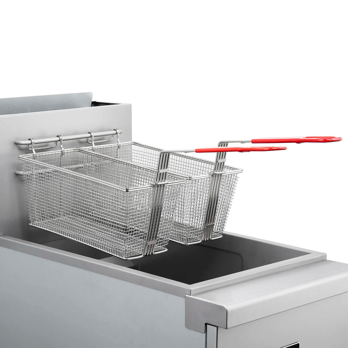 Stainless steel deep fryer with two wire baskets and red handle lifters, top view