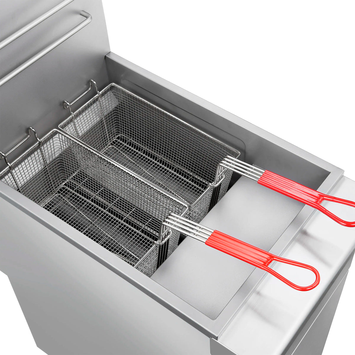Stainless steel deep fryer with two wire baskets and red lift handles, open lid
