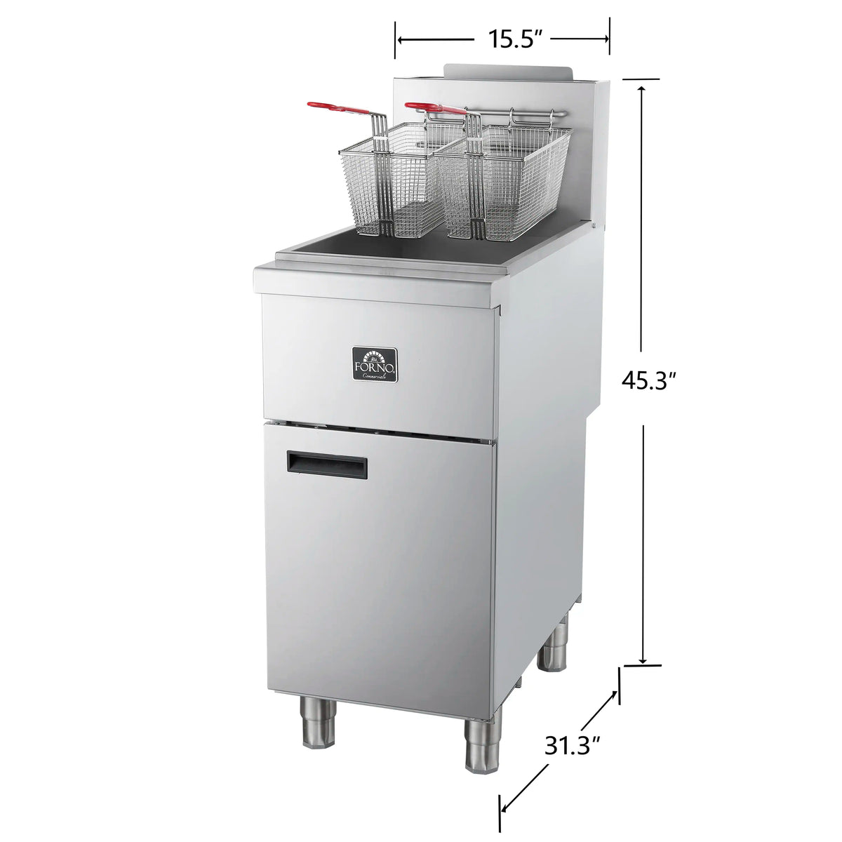 Commercial stainless gas deep fryer with twin baskets and red handles, front view with legs