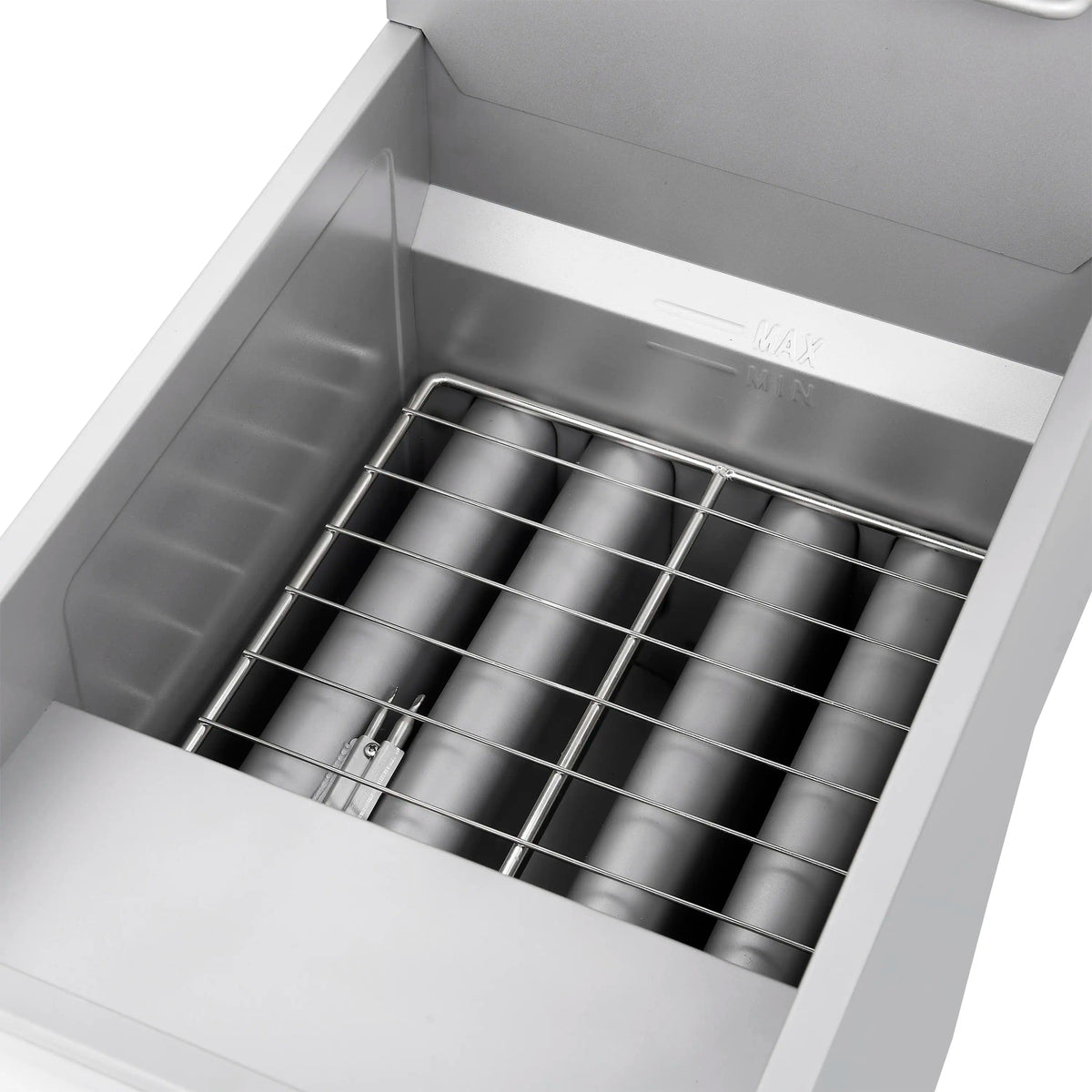 Stainless deep fryer tank with metal wire heating rack and basket grid inside