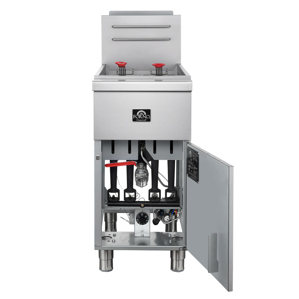 Commercial stainless gas deep fryer with control panel and three baskets, open cabinet view